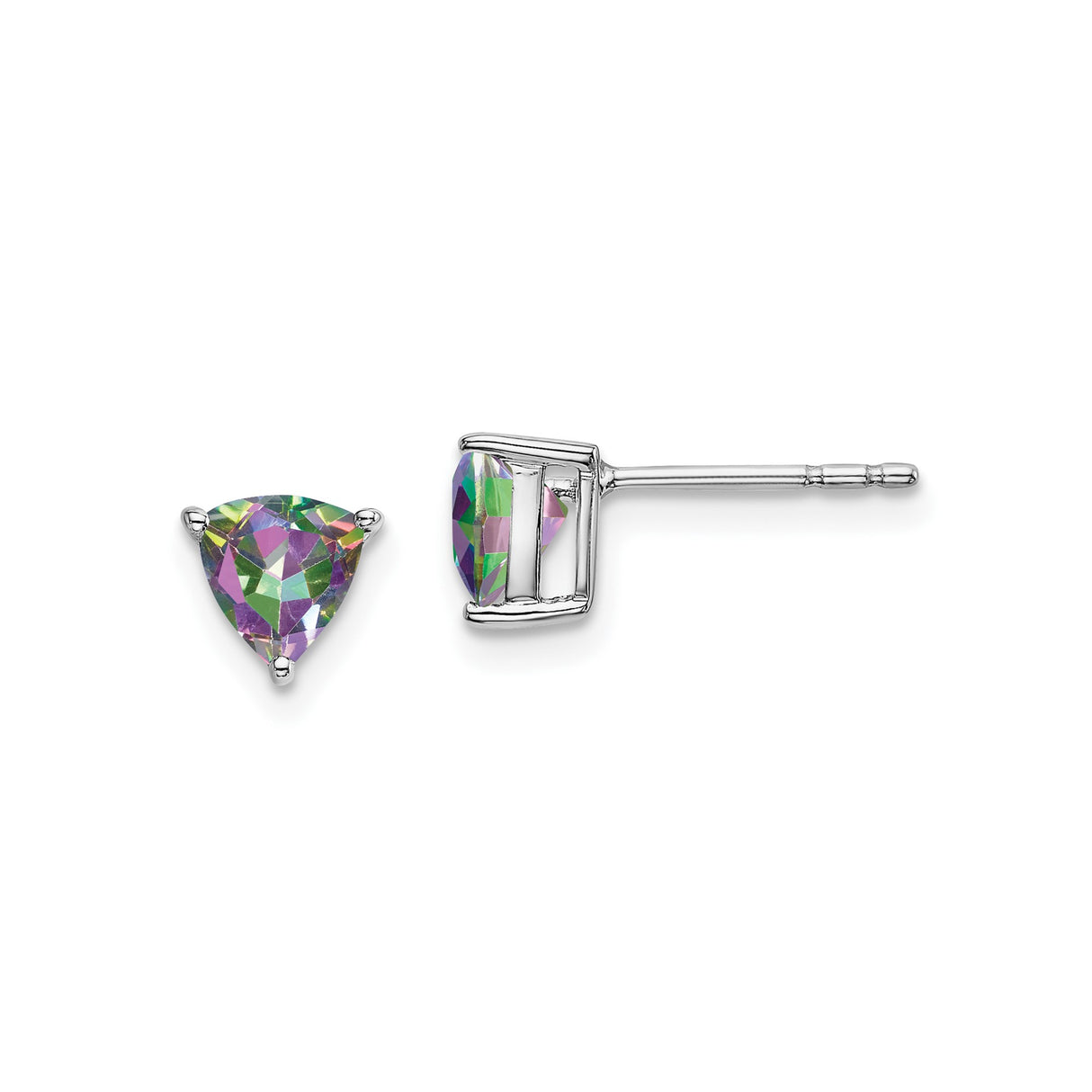 14k White Gold Stud Earrings with Trillion Cut Mystic Fire Topaz, Modern Minimalist Design