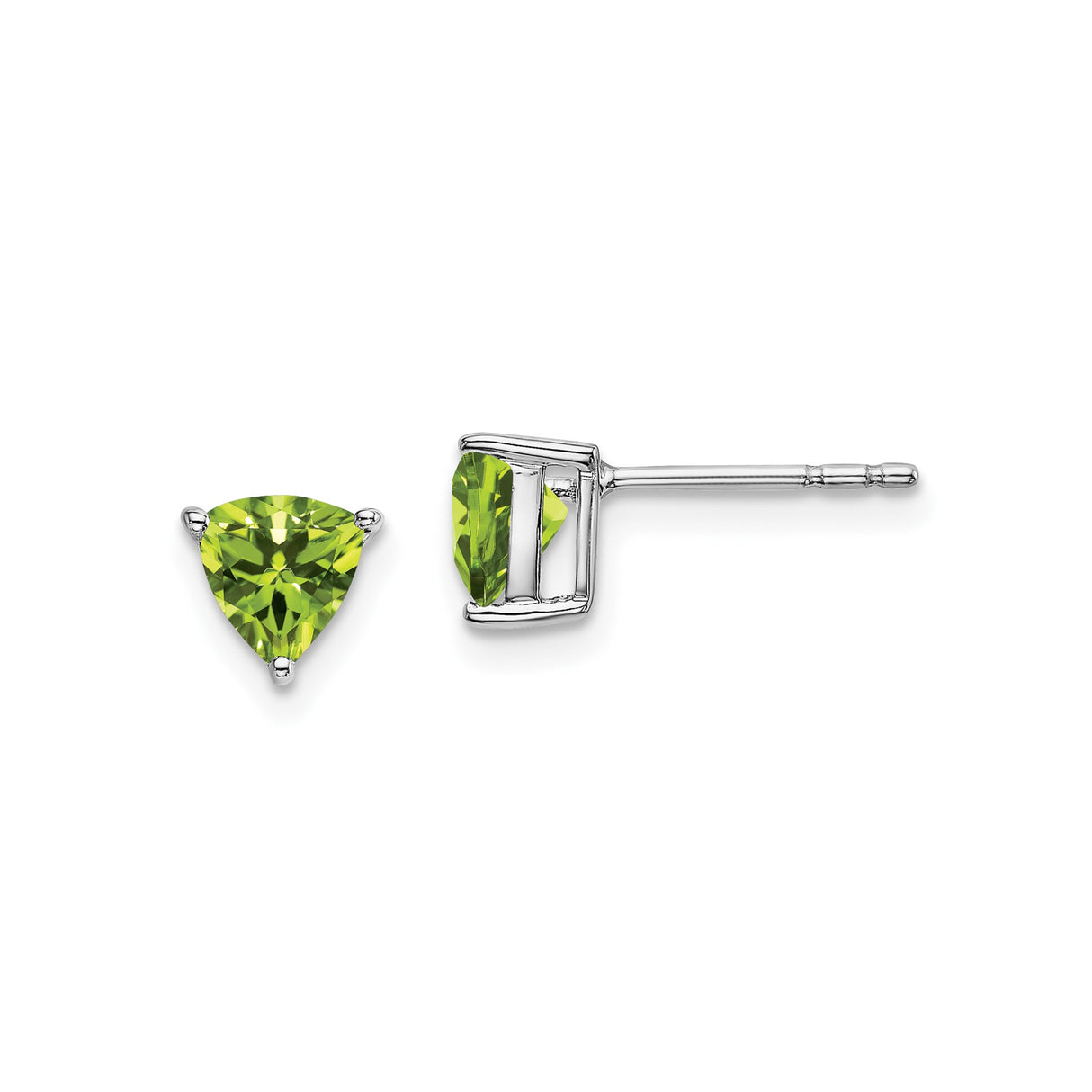 14k White Gold Peridot Stud Earrings, Trillion Cut Green Gemstone Triangle Design