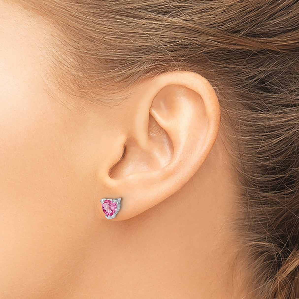 14k White Gold Heart Stud Earrings with Lab Created Pink Sapphire for Women