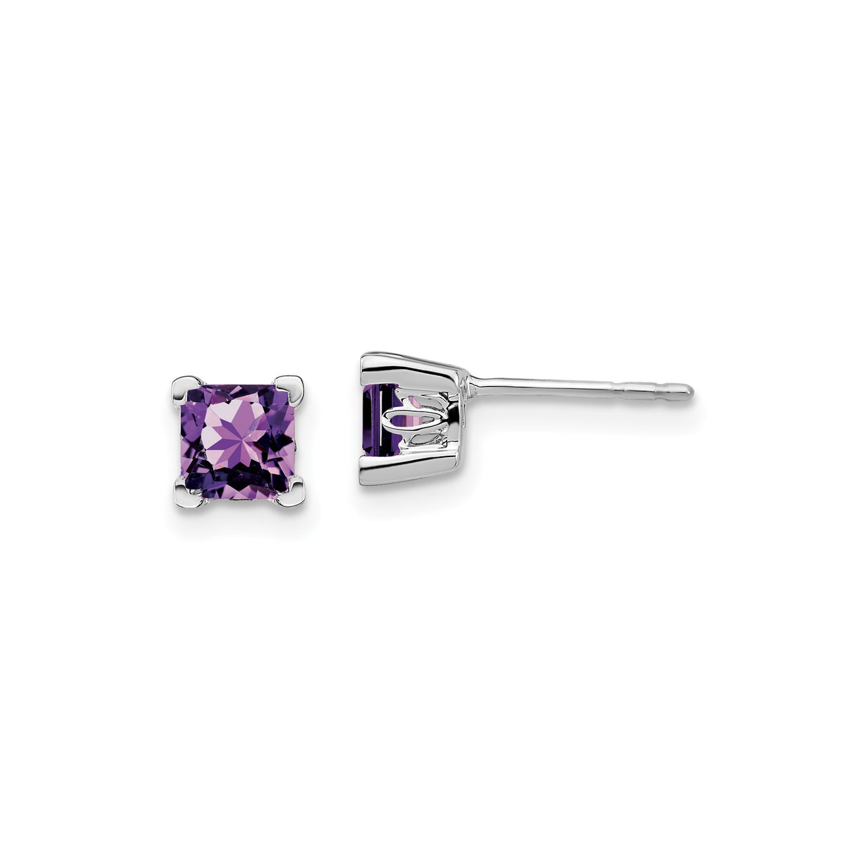 14k White Gold Amethyst Stud Earrings, Square Four-Prong Setting, Minimalist Jewelry for Women