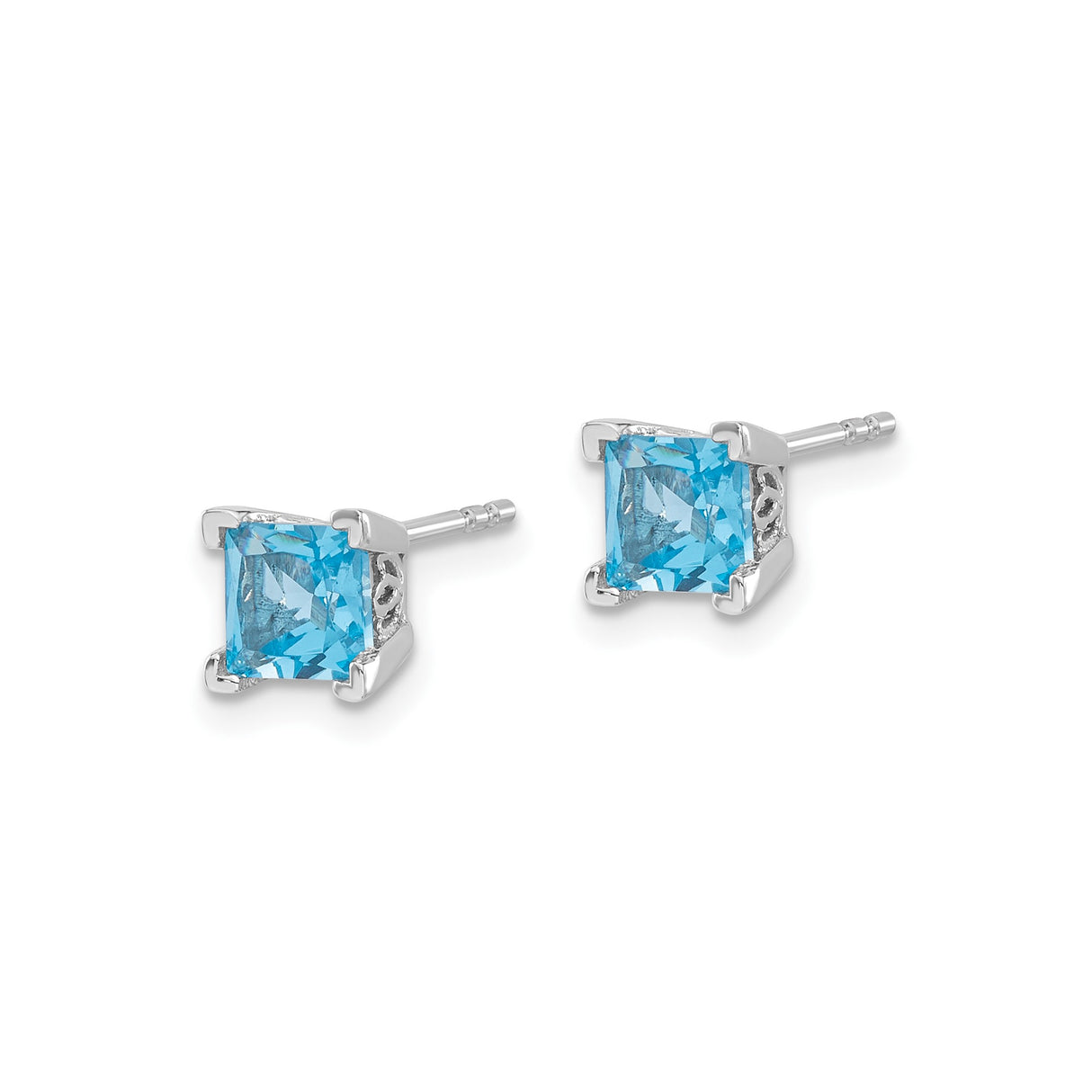 14k White Gold Stud Earrings with Princess Cut Swiss Blue Topaz, Minimalist Square Setting