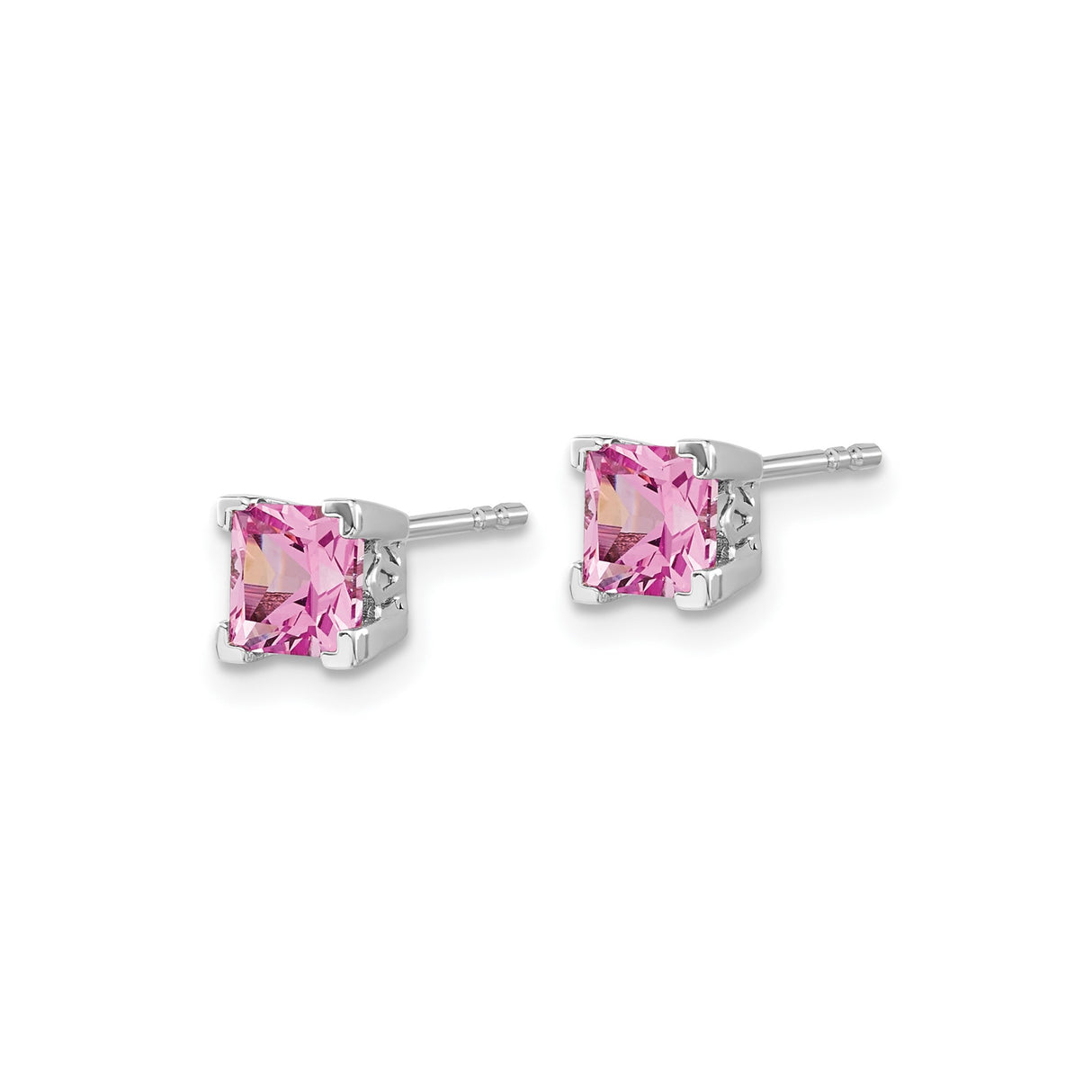 14k White Gold Square Stud Earrings with Created Pink Sapphire, Polished Prong Setting