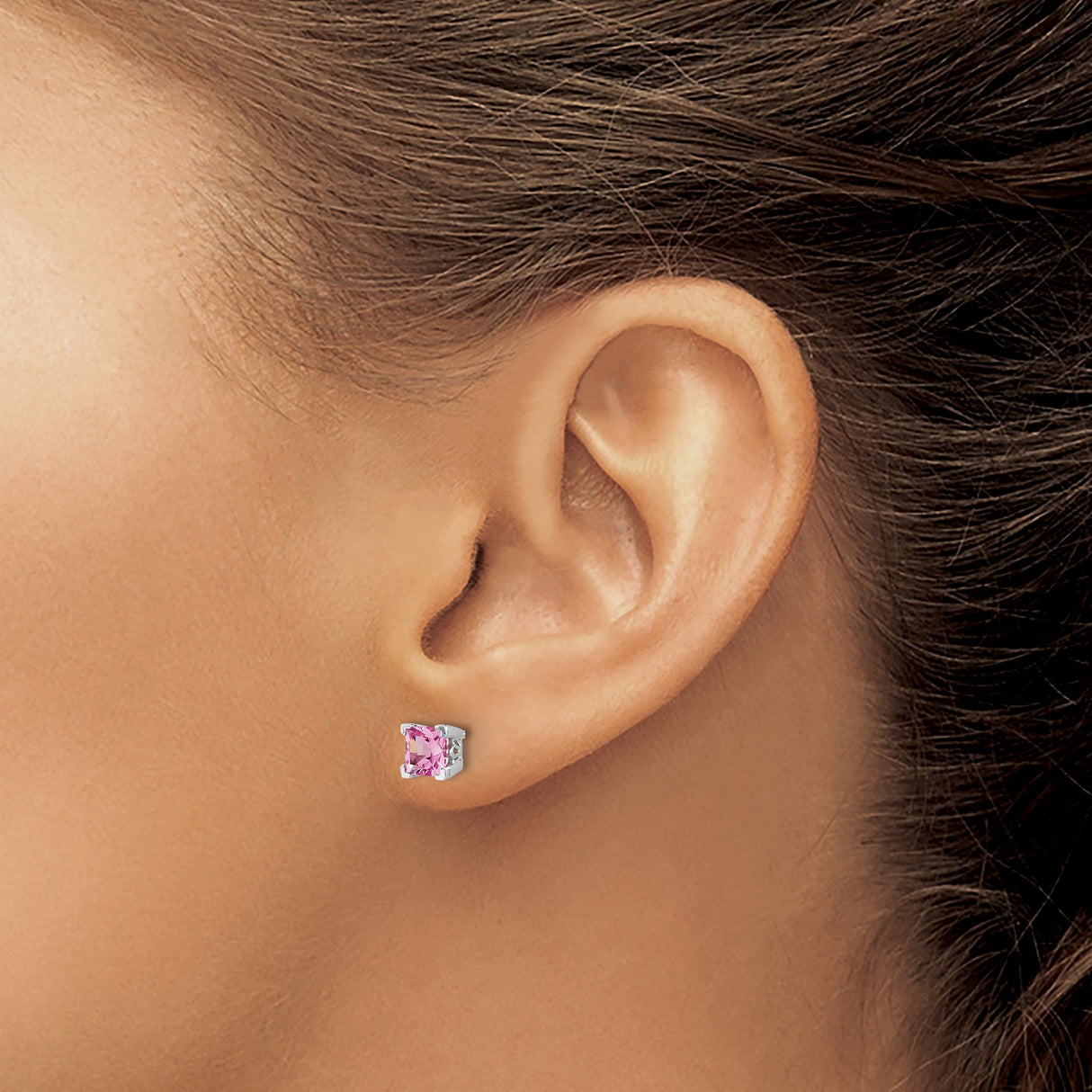 14k White Gold Square Stud Earrings with Created Pink Sapphire, Polished Prong Setting