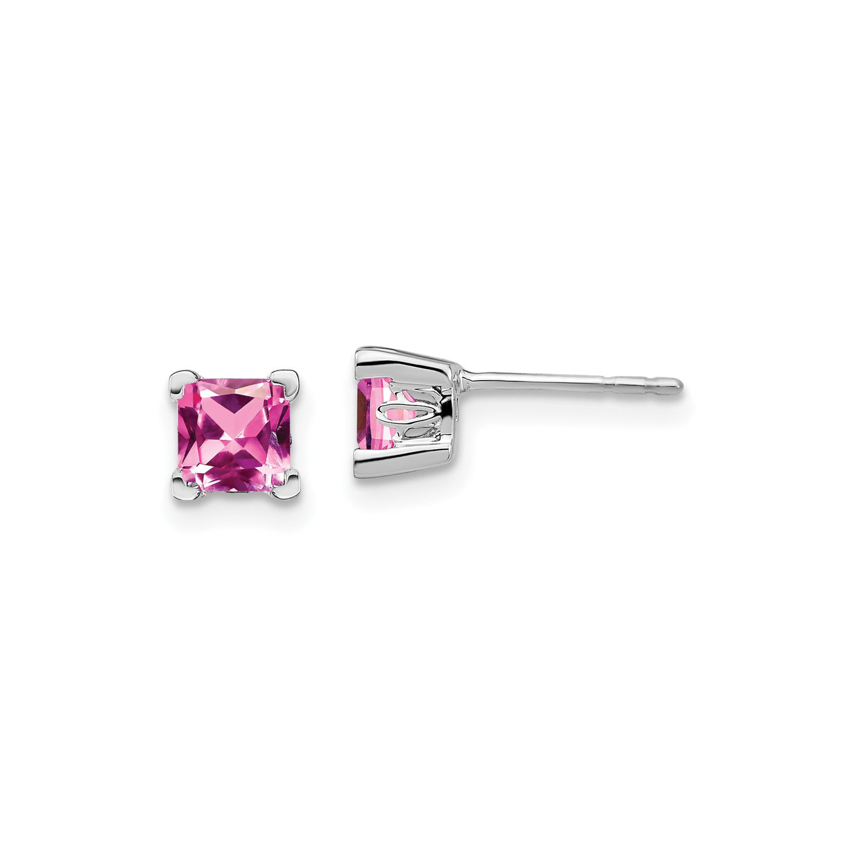 14k White Gold Square Stud Earrings with Created Pink Sapphire, Polished Prong Setting