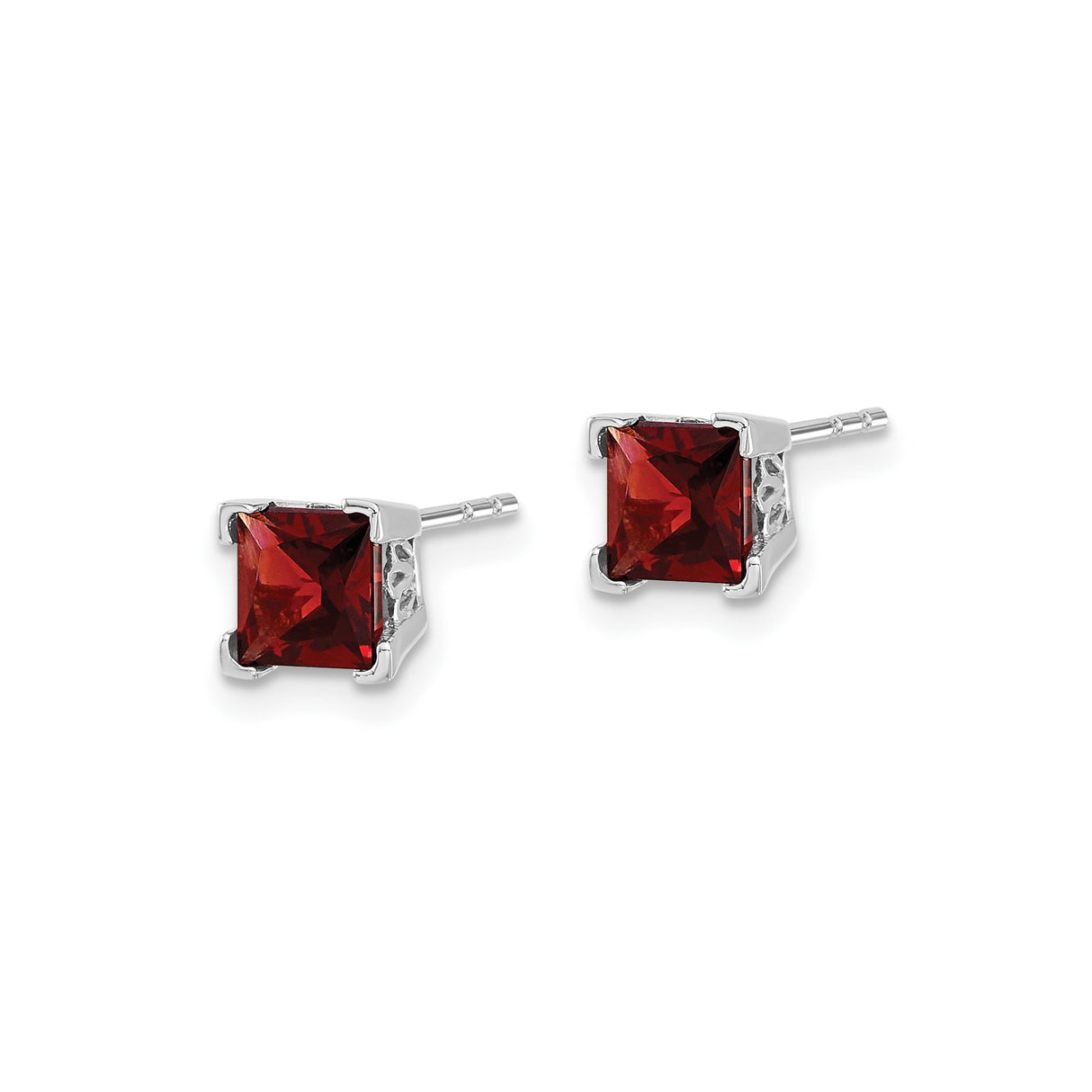 14k White Gold Garnet Stud Earrings, Square Cut Red Gemstone in Four Prong Setting