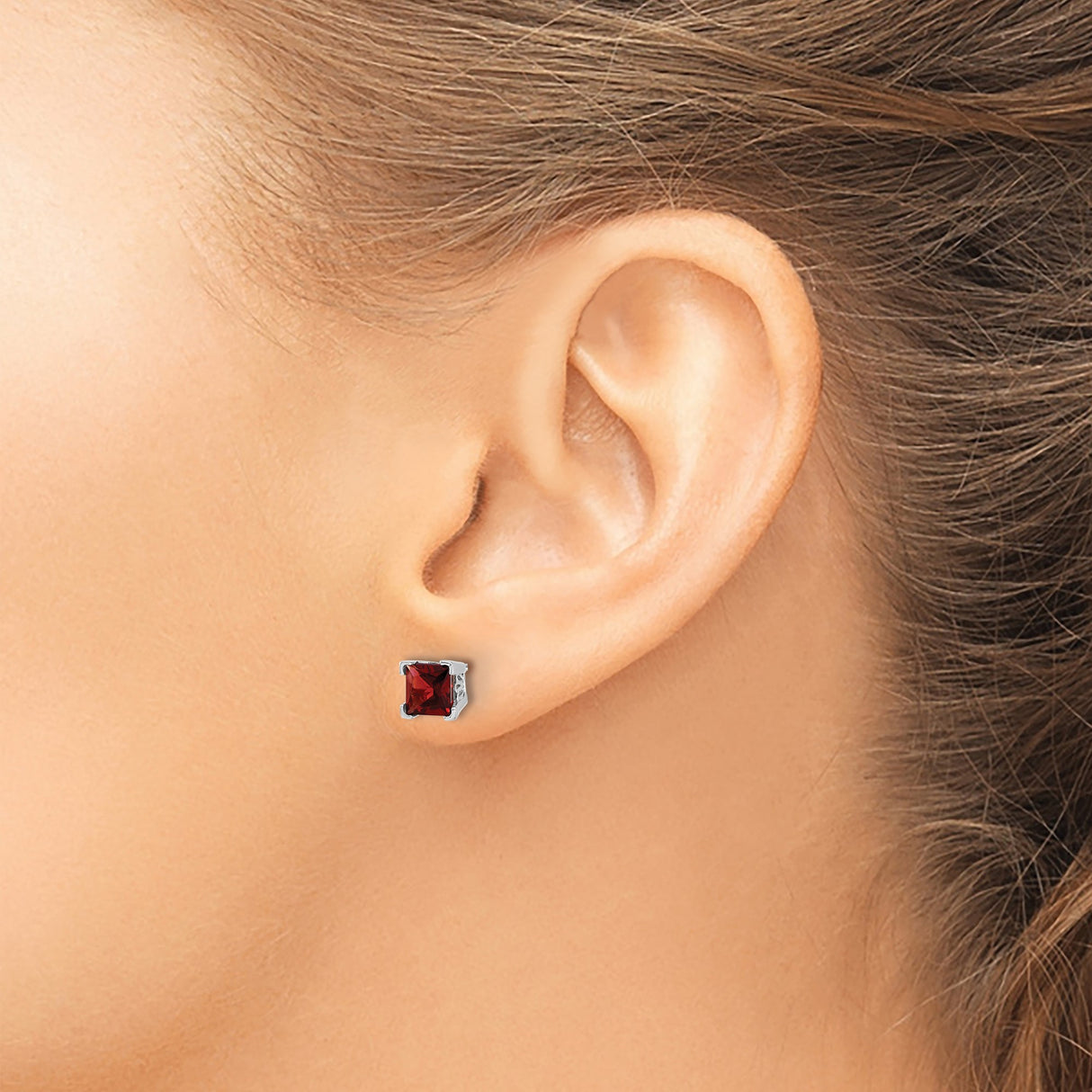 14k White Gold Garnet Stud Earrings, Square Cut Red Gemstone in Four Prong Setting