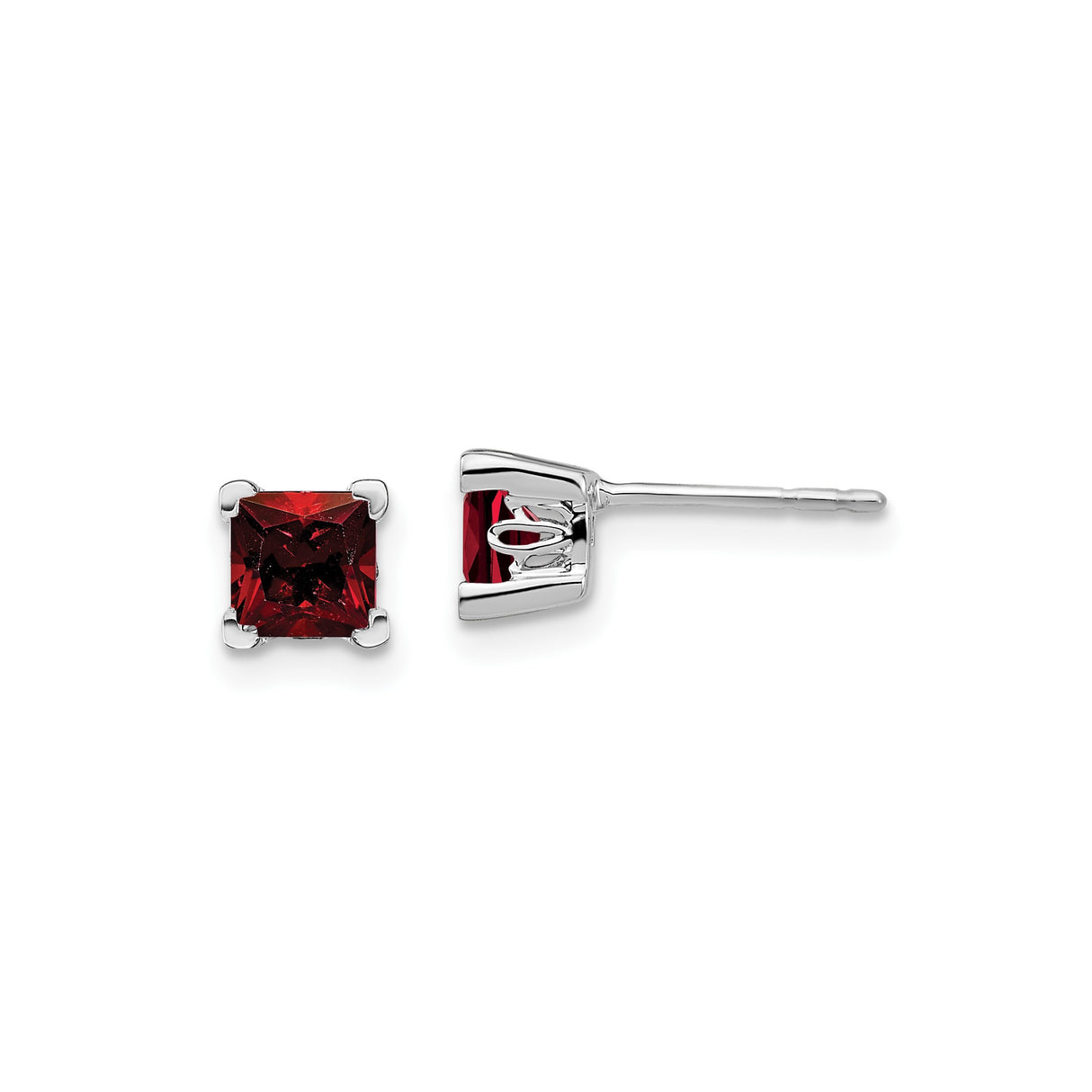 14k White Gold Garnet Stud Earrings, Square Cut Red Gemstone in Four Prong Setting