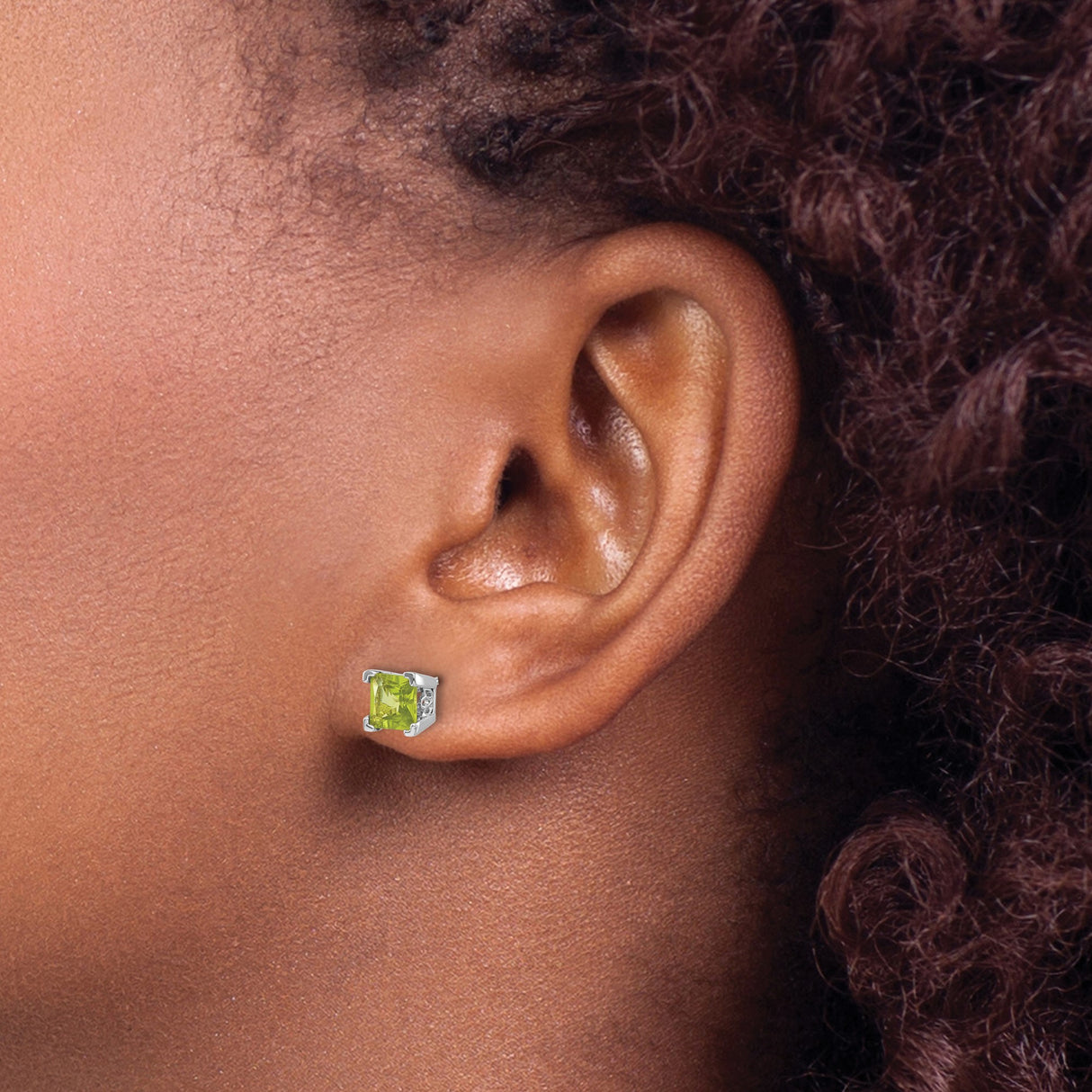 14k White Gold Peridot Stud Earrings with Square Cut Gemstones, Minimalist August Birthstone Jewelry