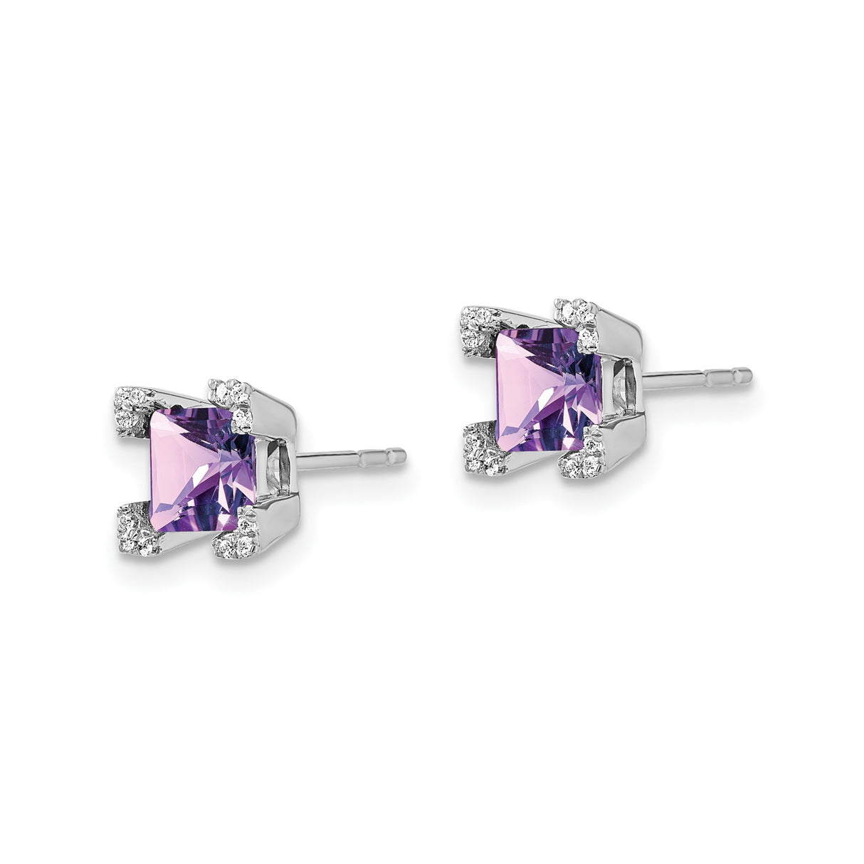 14k White Gold Amethyst Stud Earrings with Diamond Accents, Square Purple Gemstone Studs for Women