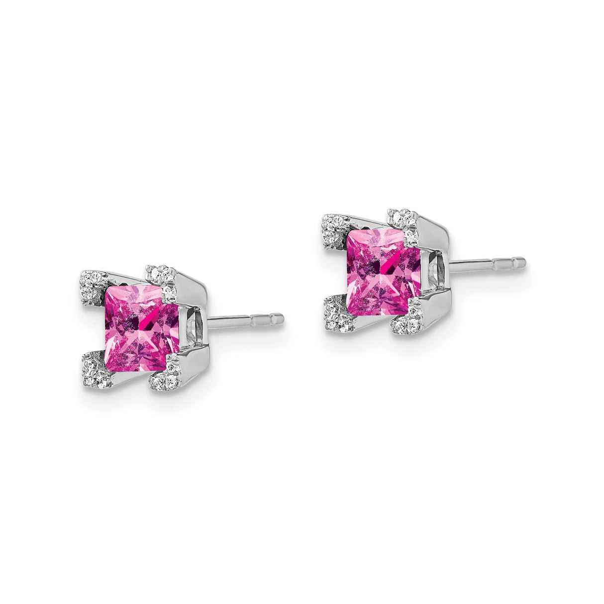 14k White Gold Stud Earrings with Created Pink Sapphire and Diamond Accents, Princess Cut, Square Setting