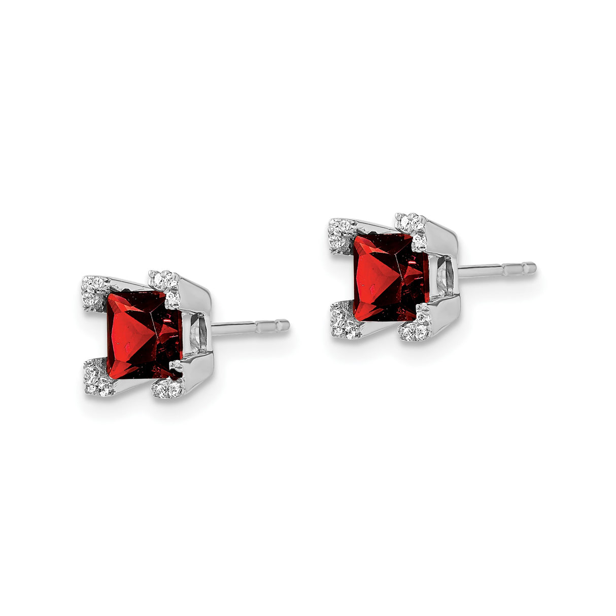 14k White Gold Stud Earrings with Princess Cut Garnet and Diamond Accents