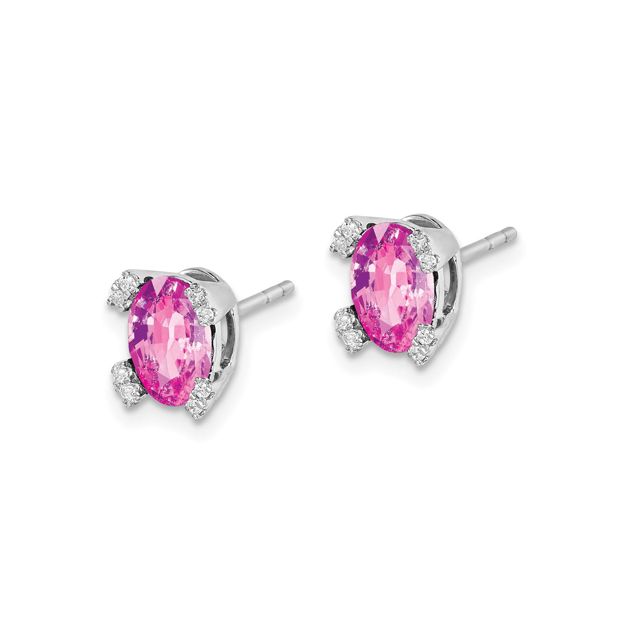 14k White Gold Stud Earrings with Oval Created Pink Sapphire and Diamond Accents