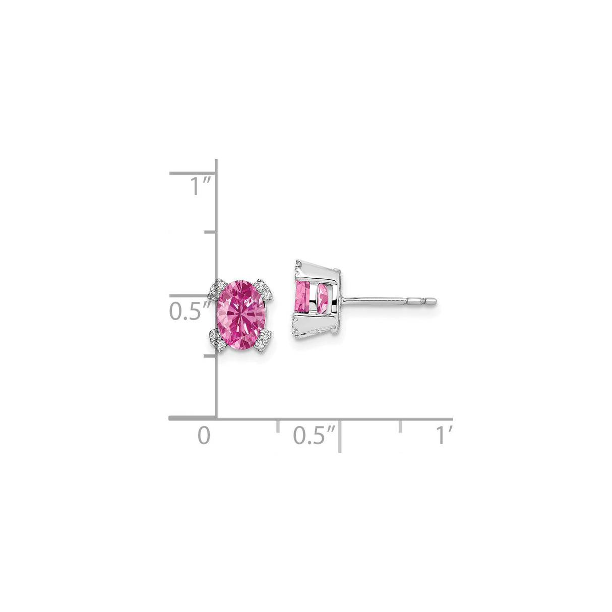 14k White Gold Stud Earrings with Oval Created Pink Sapphire and Diamond Accents