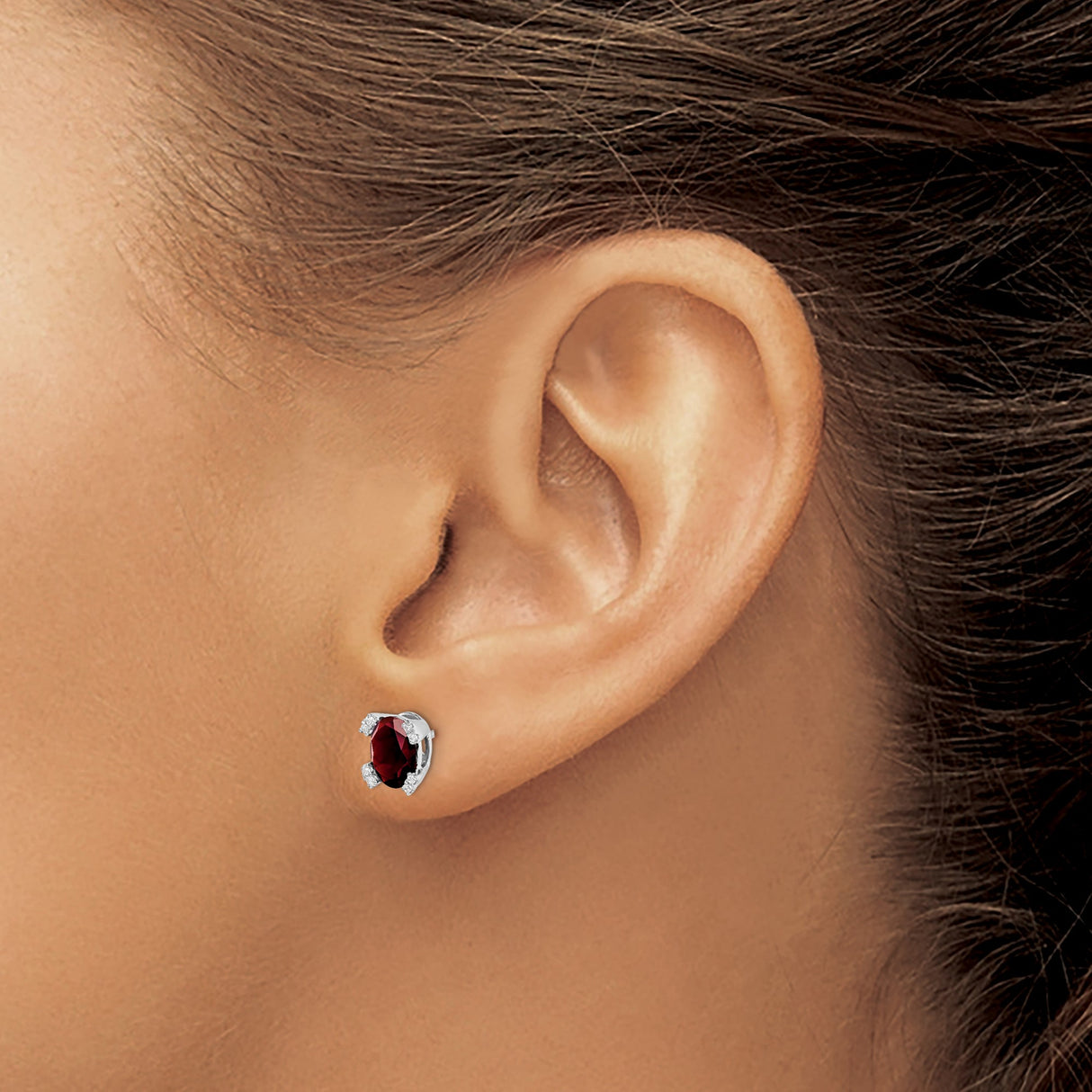 14k White Gold Garnet Stud Earrings with Diamond Accents, January Birthstone Jewelry