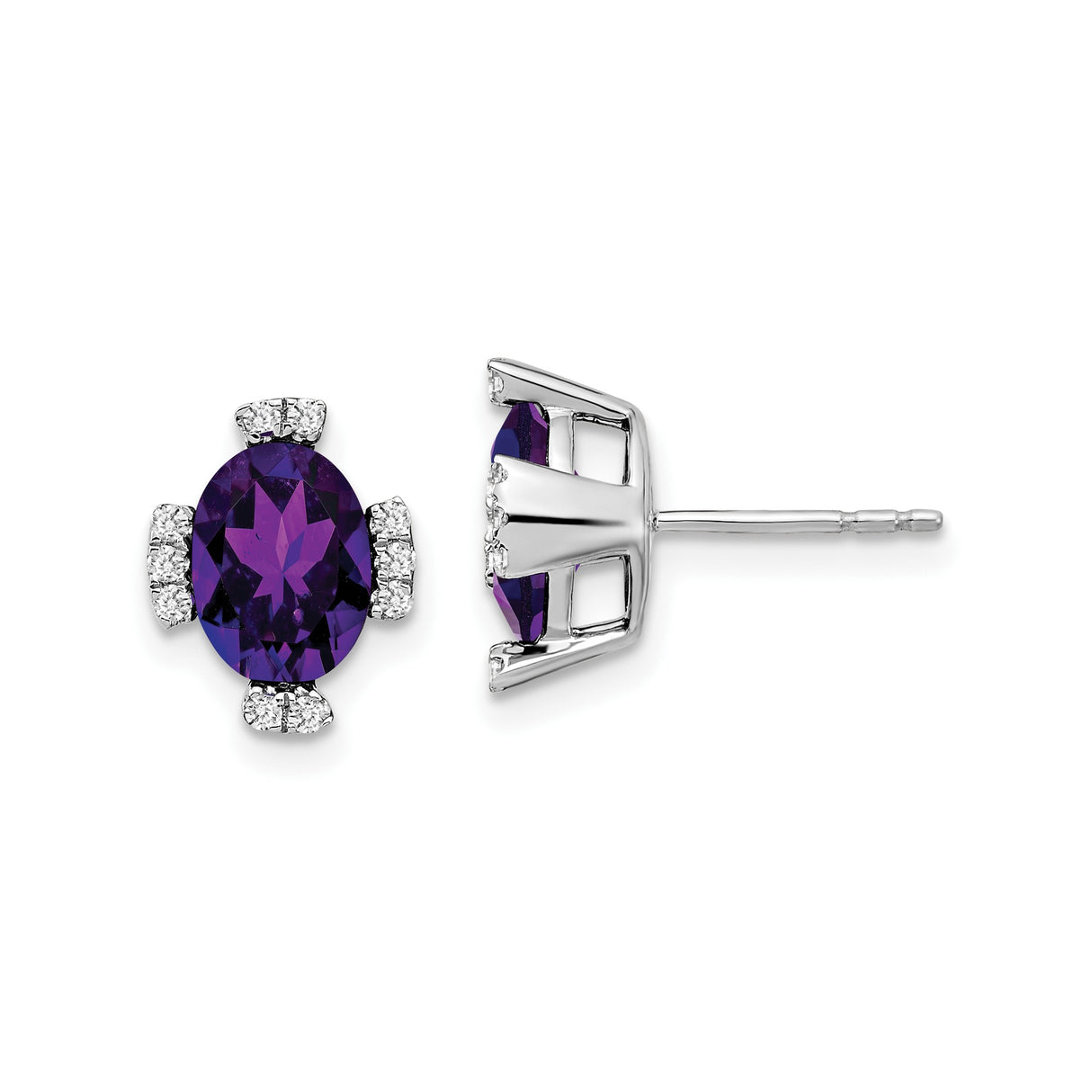 14k White Gold Amethyst Stud Earrings with Diamond Accents, Classic Birthstone Jewelry for Women