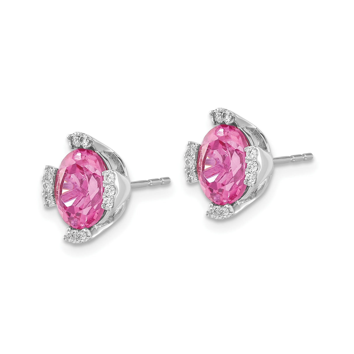 14k White Gold Stud Earrings with Oval Created Pink Sapphire and Diamond Accents