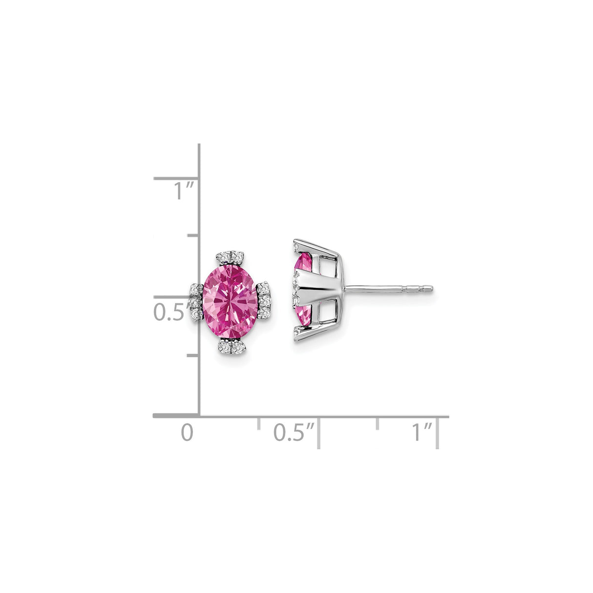 14k White Gold Stud Earrings with Oval Created Pink Sapphire and Diamond Accents
