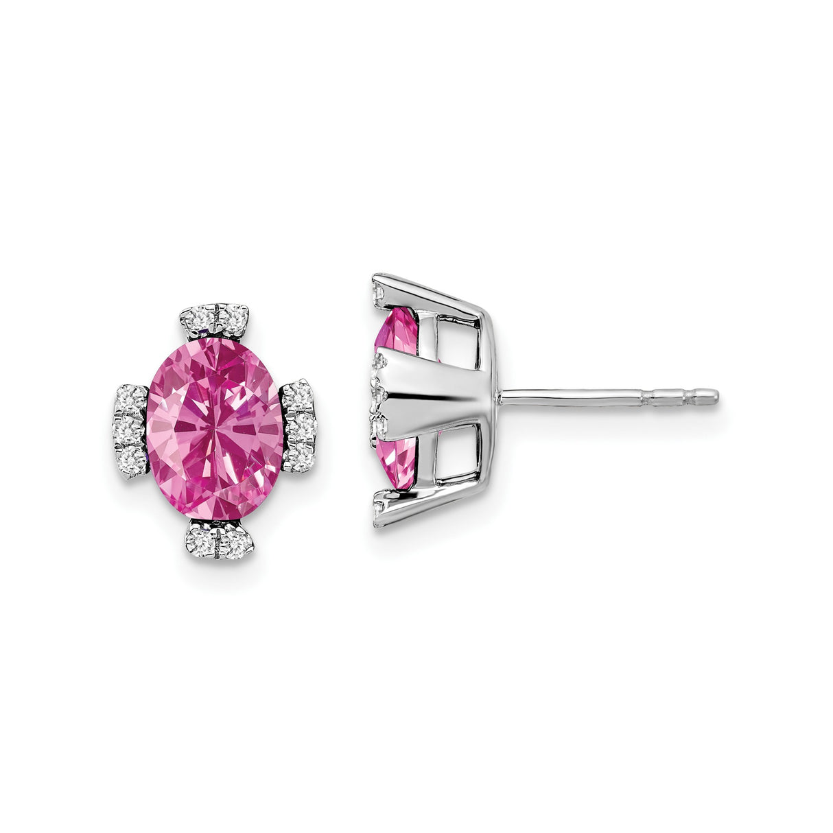 14k White Gold Stud Earrings with Oval Created Pink Sapphire and Diamond Accents
