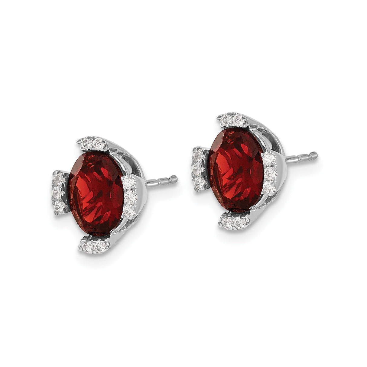 14k White Gold Stud Earrings with Oval Garnet and Diamond Accents, Cluster Design for Women