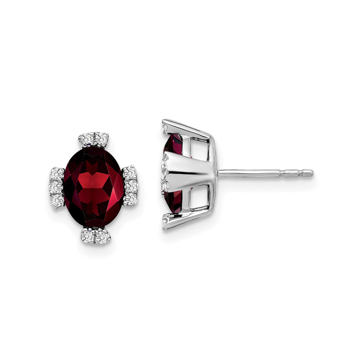 14k White Gold Stud Earrings with Oval Garnet and Diamond Accents, Cluster Design for Women
