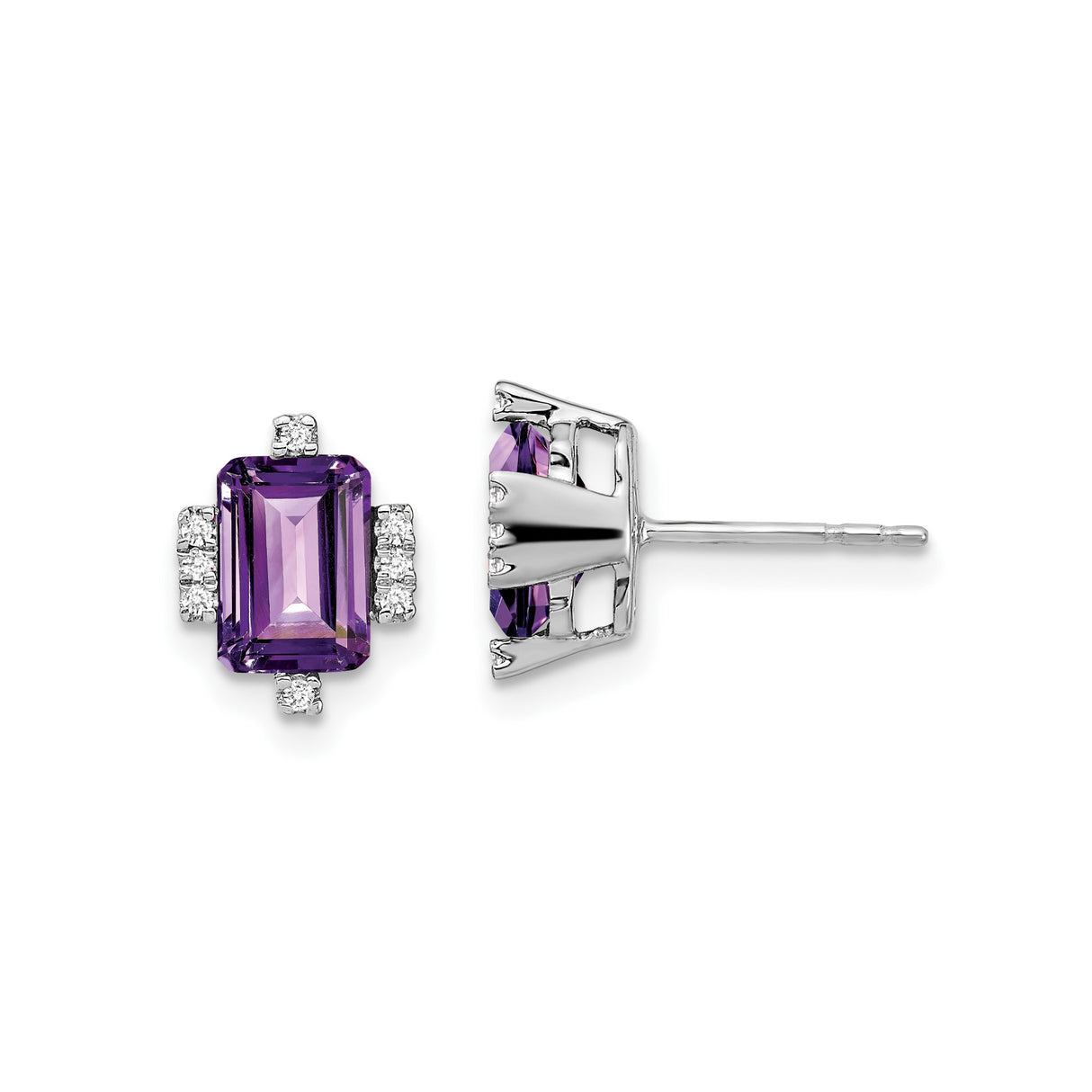 14k White Gold Amethyst Stud Earrings with Diamond Accents, February Birthstone Jewelry