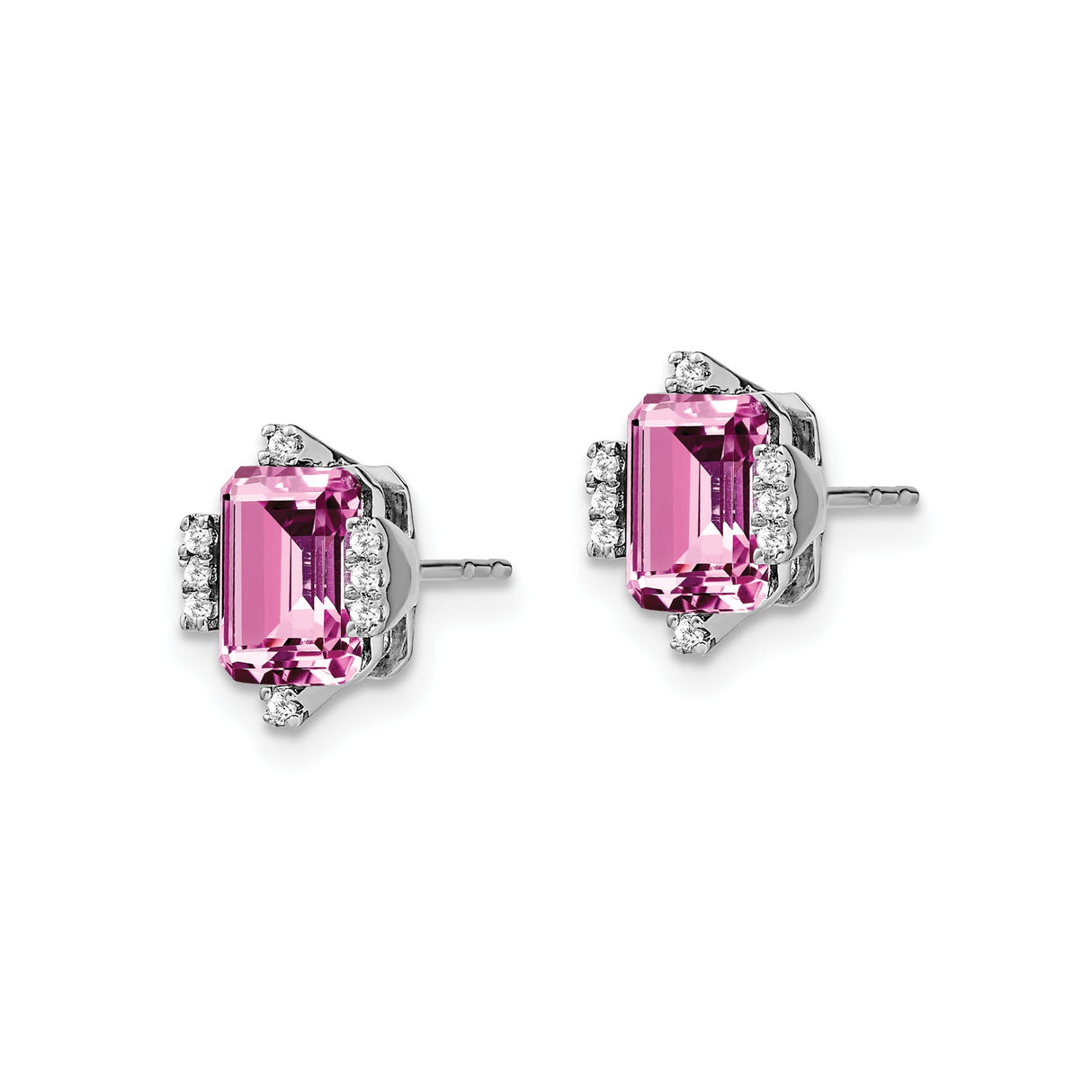 14k White Gold Stud Earrings with Emerald Cut Lab Created Pink Sapphire and Diamond Accents