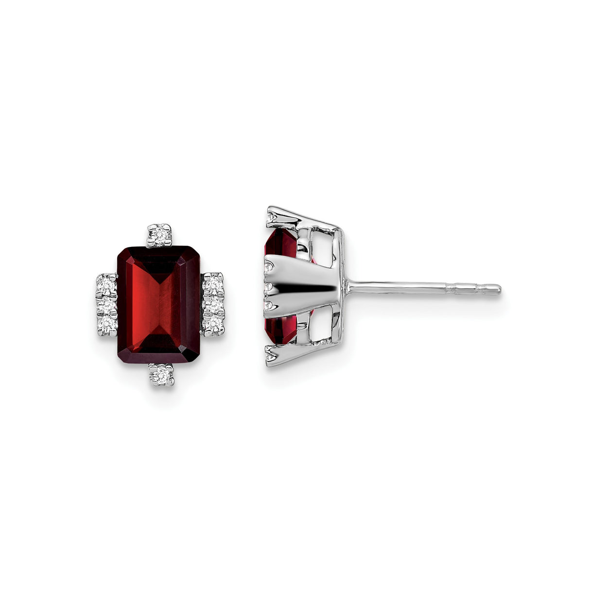 14k White Gold Stud Earrings with Emerald Cut Garnet and Diamond Accents