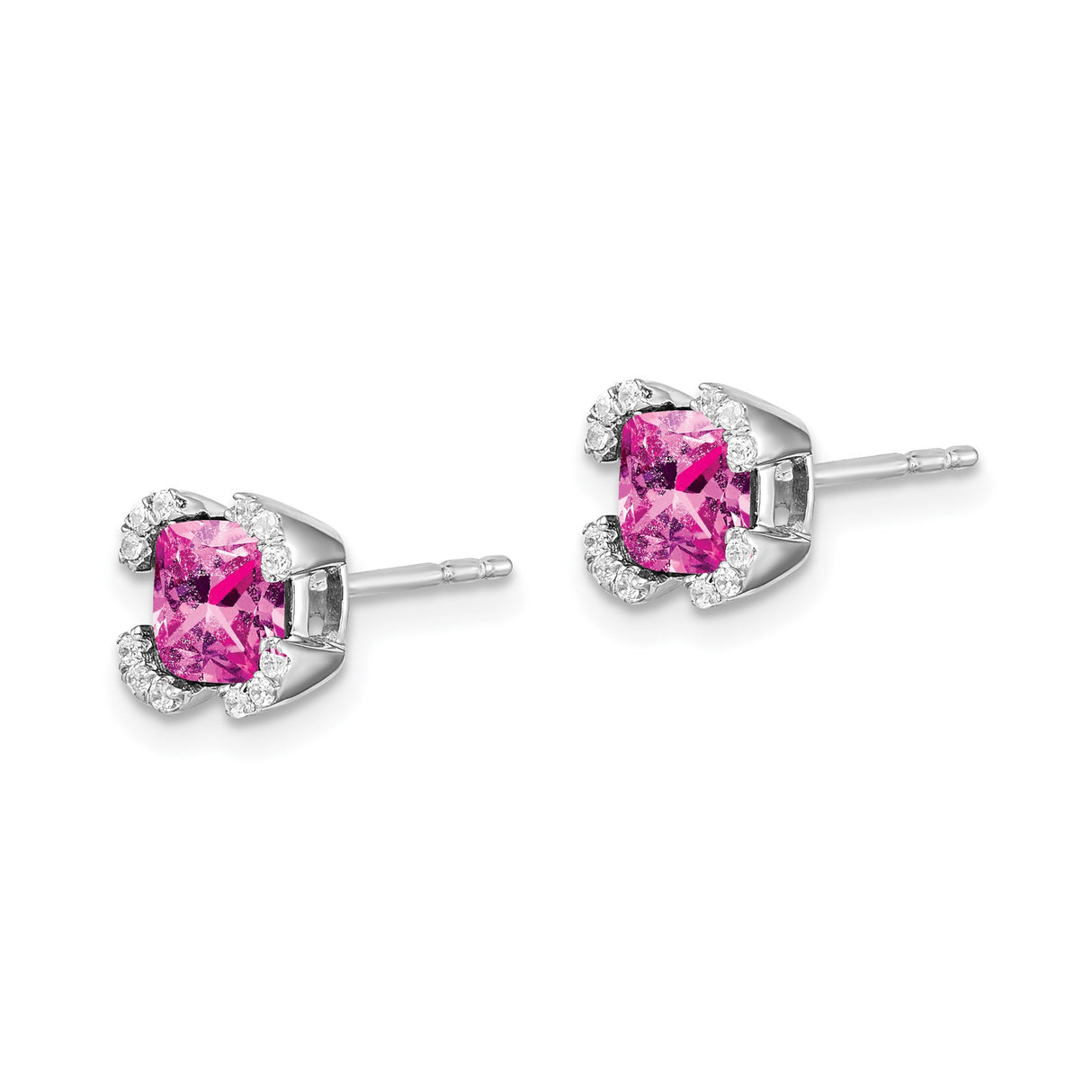 14k White Gold Stud Earrings with Cushion Cut Created Sapphire and Diamond Accents