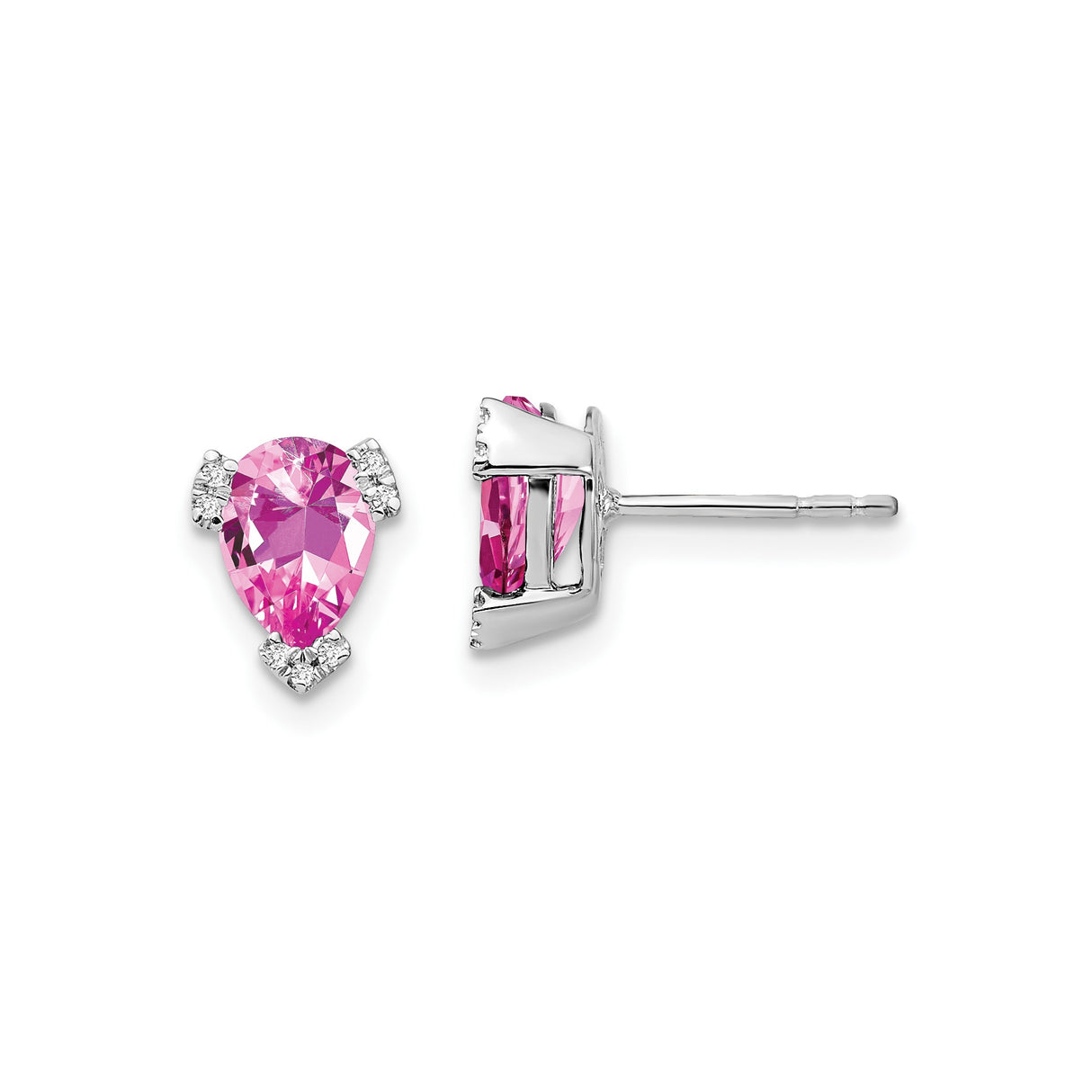 14k White Gold Stud Earrings with Pear Shaped Created Pink Sapphire and Diamond Accents