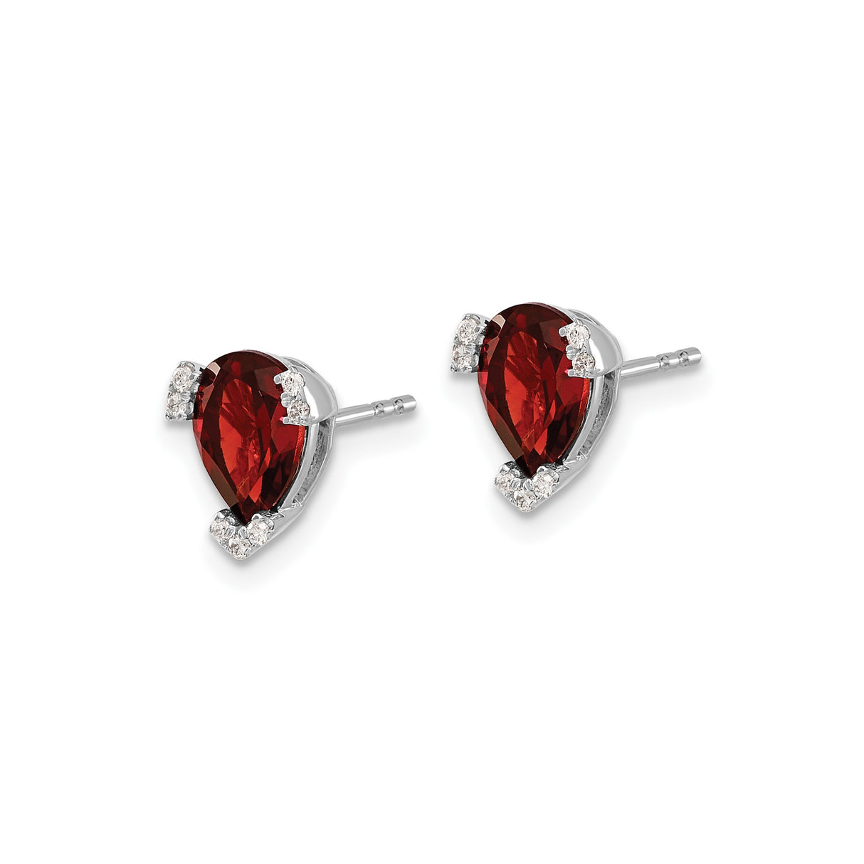 14k White Gold Garnet Stud Earrings with Diamond Accents, Pear Shaped January Birthstone