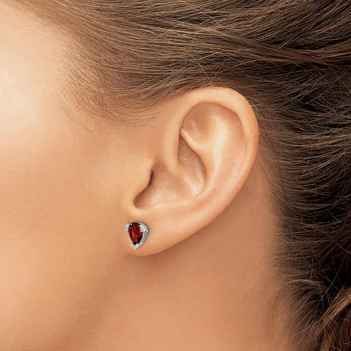 14k White Gold Garnet Stud Earrings with Diamond Accents, Pear Shaped January Birthstone