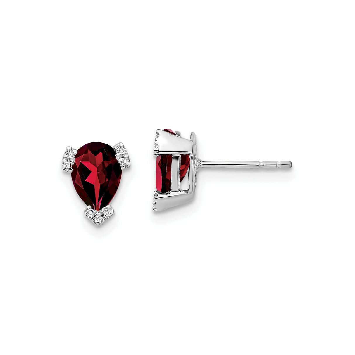 14k White Gold Garnet Stud Earrings with Diamond Accents, Pear Shaped January Birthstone