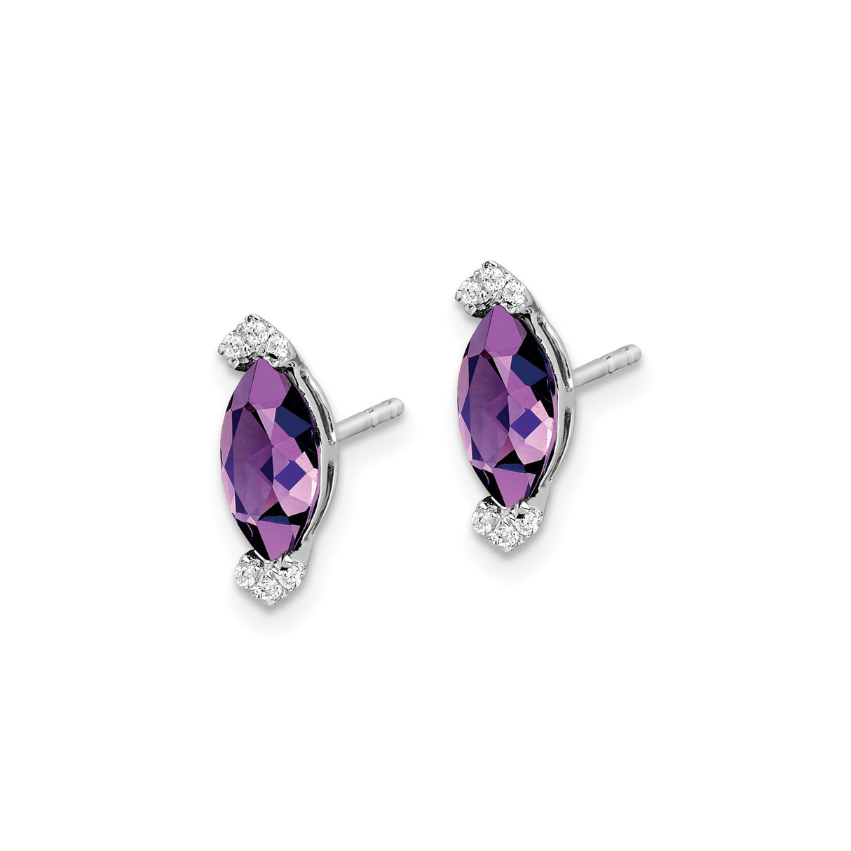 14k White Gold Amethyst and Diamond Stud Earrings, Marquise Design for Women