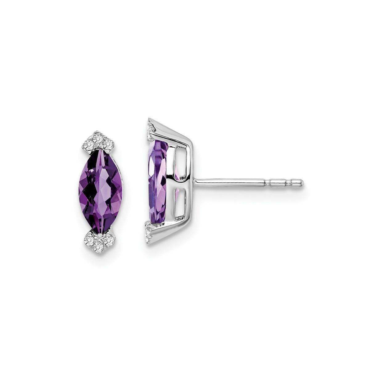 14k White Gold Amethyst and Diamond Stud Earrings, Marquise Design for Women