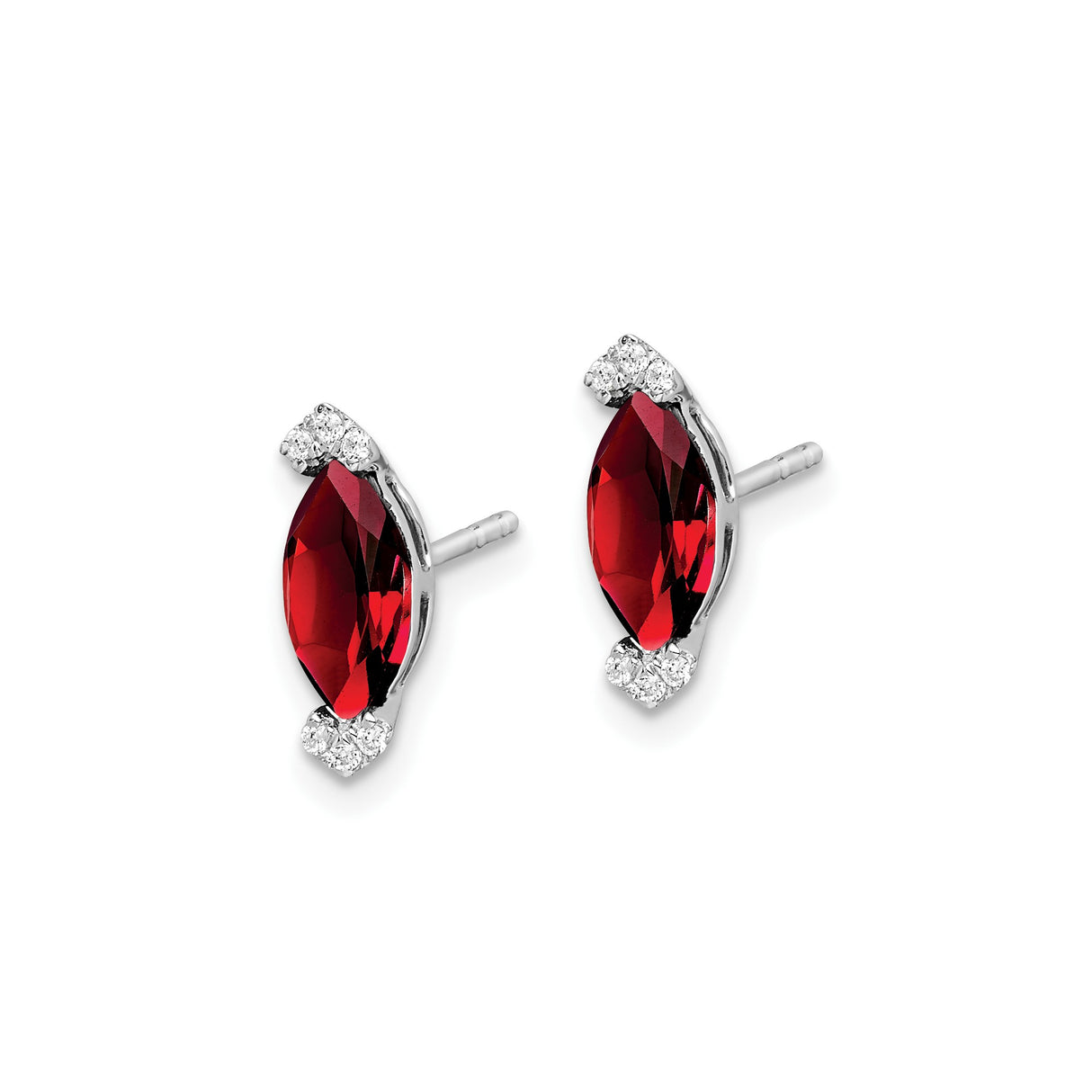 14k White Gold Garnet and Diamond Stud Earrings, Marquise Shape, Modern Minimalist Style