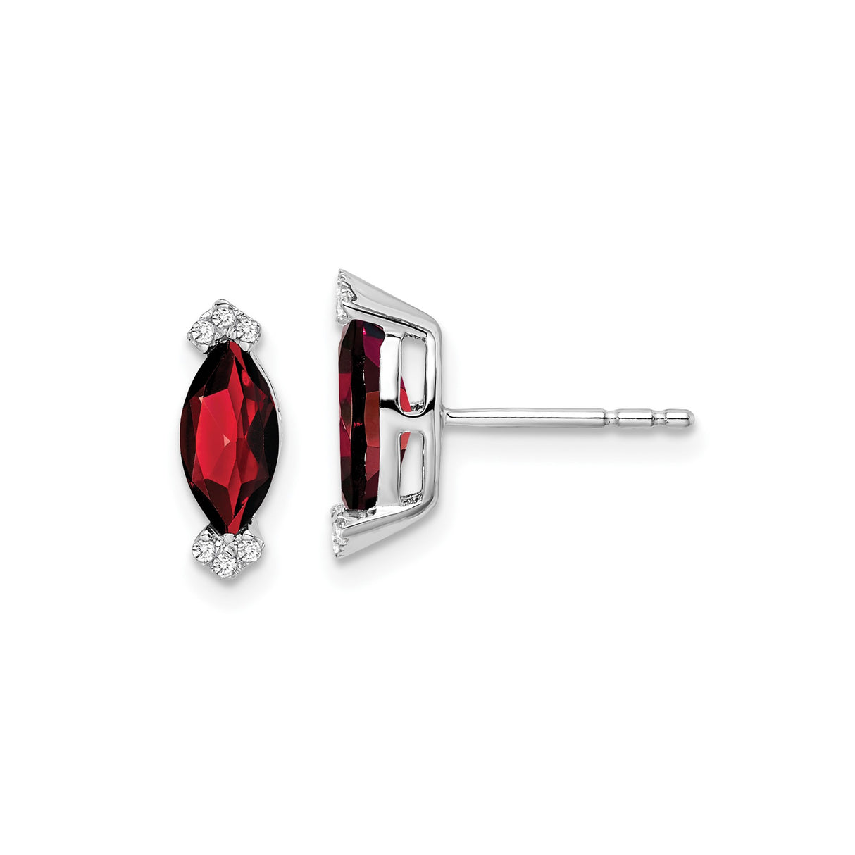 14k White Gold Garnet and Diamond Stud Earrings, Marquise Shape, Modern Minimalist Style