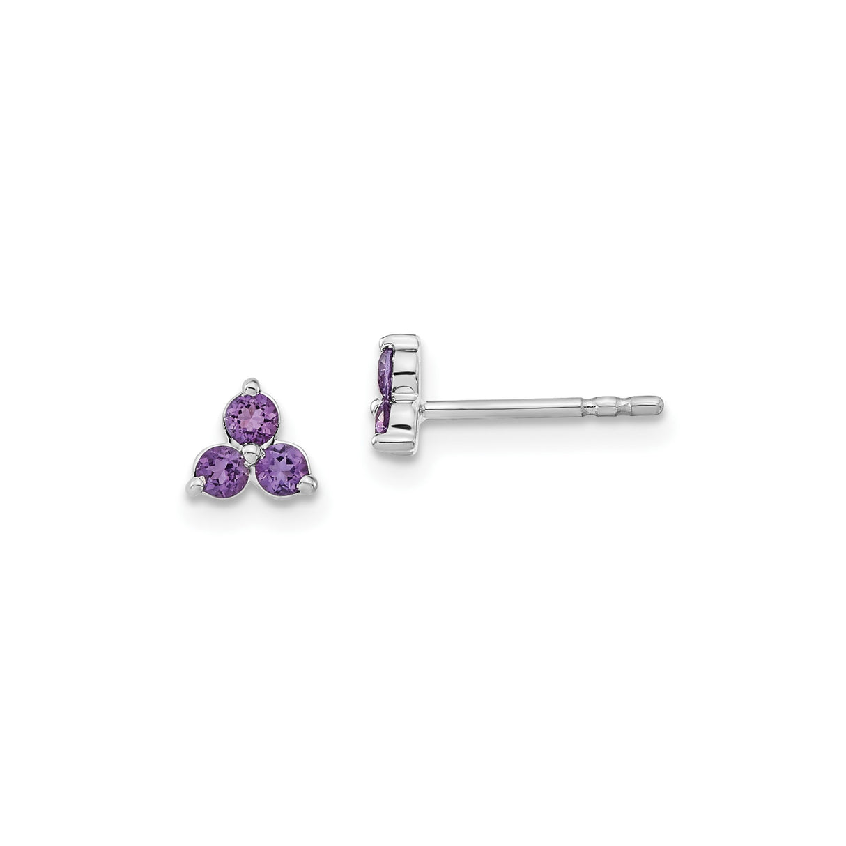 14k White Gold Triangle Cluster Stud Earrings with Amethyst, Modern Minimalist Style