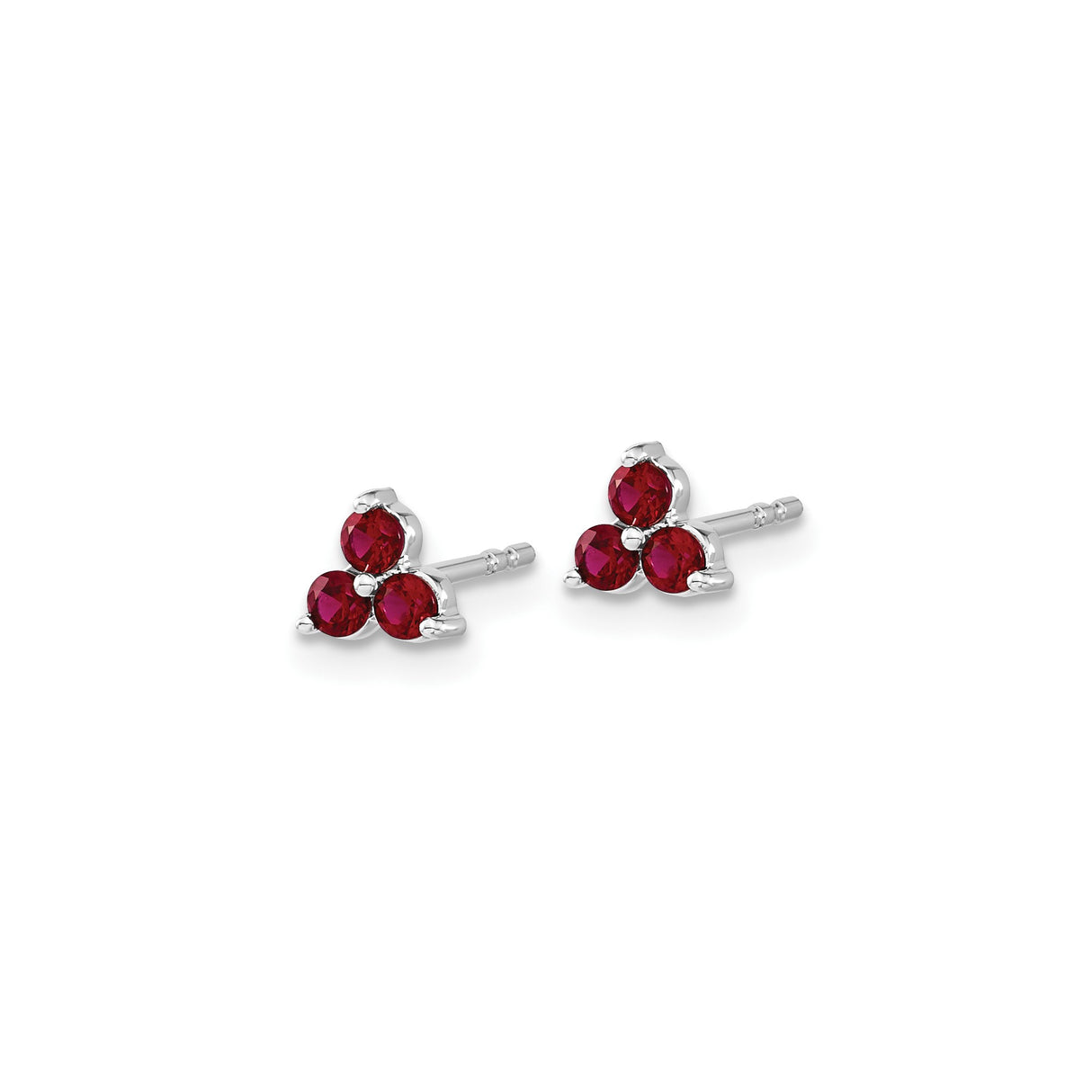 14k White Gold Triangle Stud Earrings with Created Ruby in Three-Stone Cluster Design