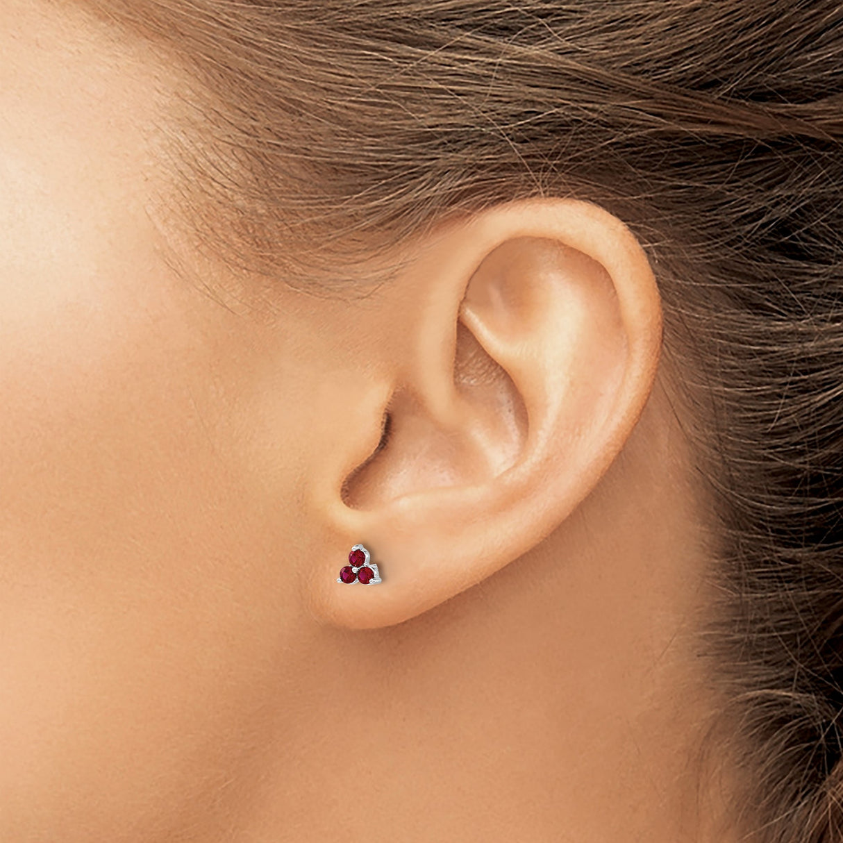 14k White Gold Triangle Stud Earrings with Created Ruby in Three-Stone Cluster Design