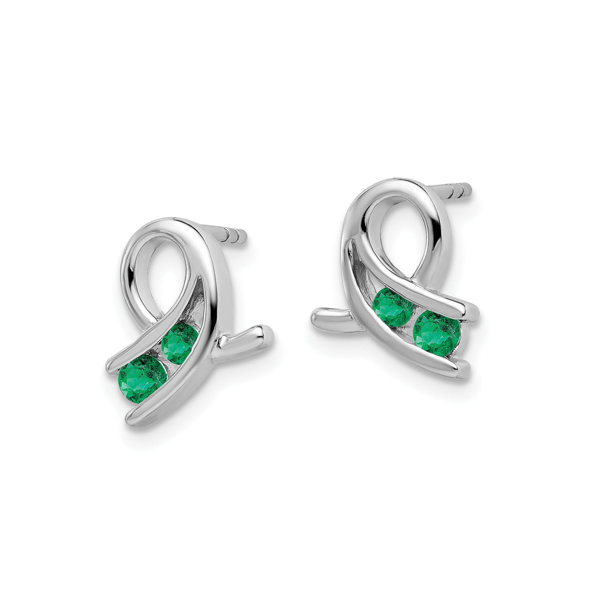 14k White Gold Ribbon Stud Earrings with Lab Created Emerald, Symbolic Awareness Design