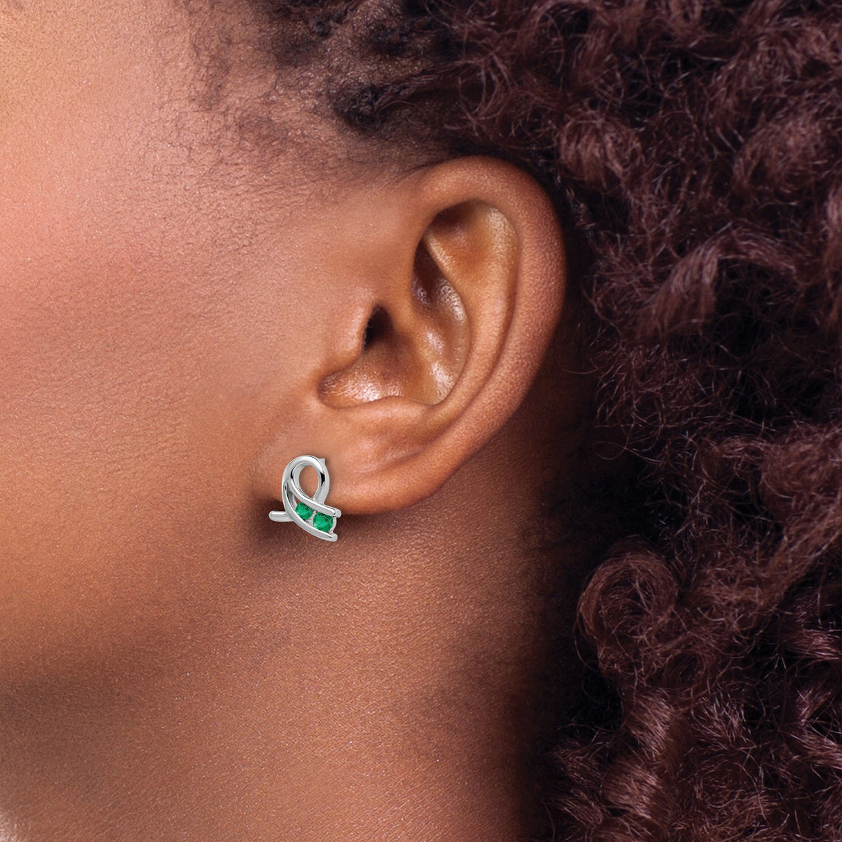 14k White Gold Ribbon Stud Earrings with Lab Created Emerald, Symbolic Awareness Design