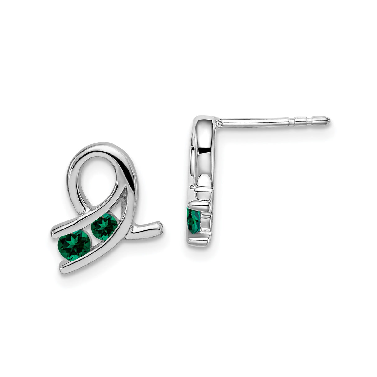 14k White Gold Ribbon Stud Earrings with Lab Created Emerald, Symbolic Awareness Design