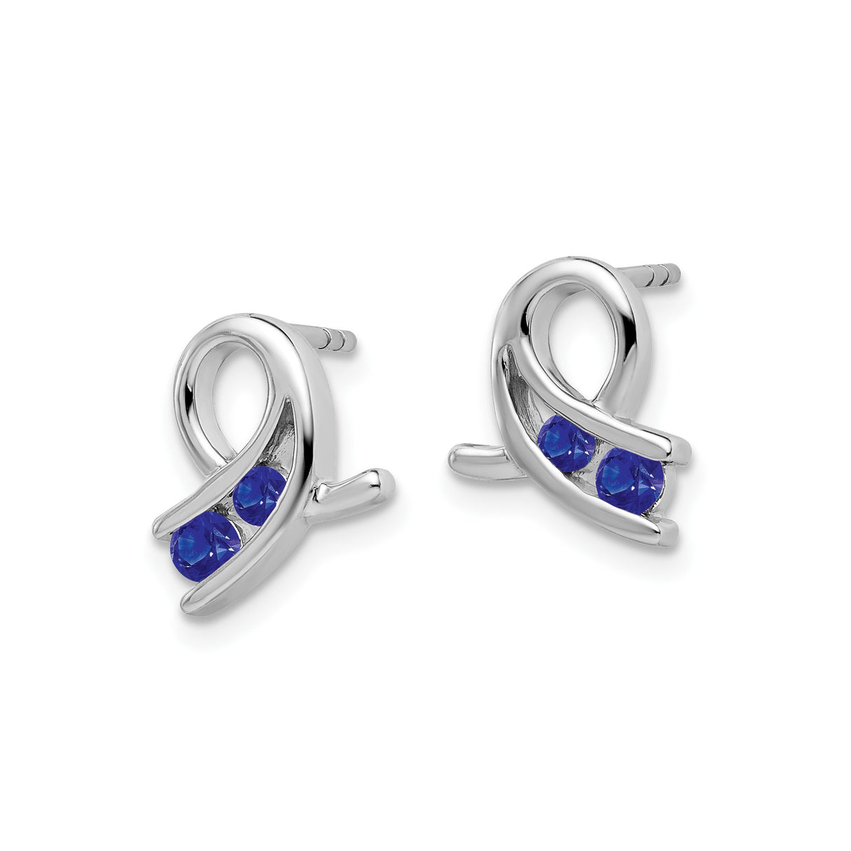 14k White Gold Stud Earrings with Created Sapphire and Abstract Ribbon Design