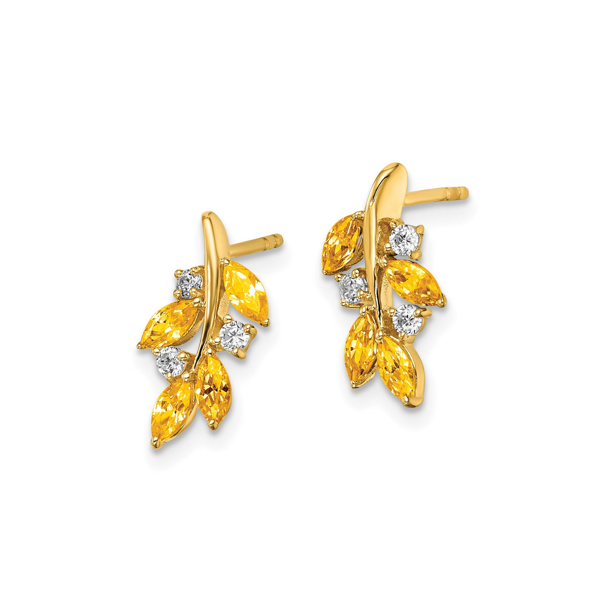 14k Yellow Gold Leaf Stud Earrings with Marquise Citrine and Cubic Zirconia Accents