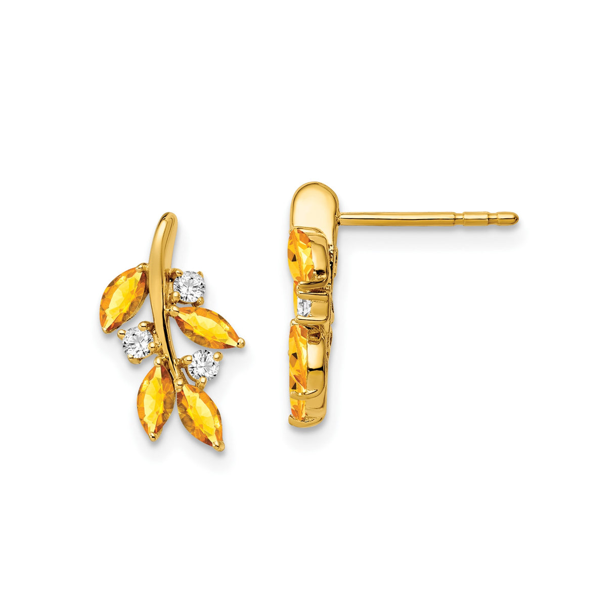 14k Yellow Gold Leaf Stud Earrings with Marquise Citrine and Cubic Zirconia Accents