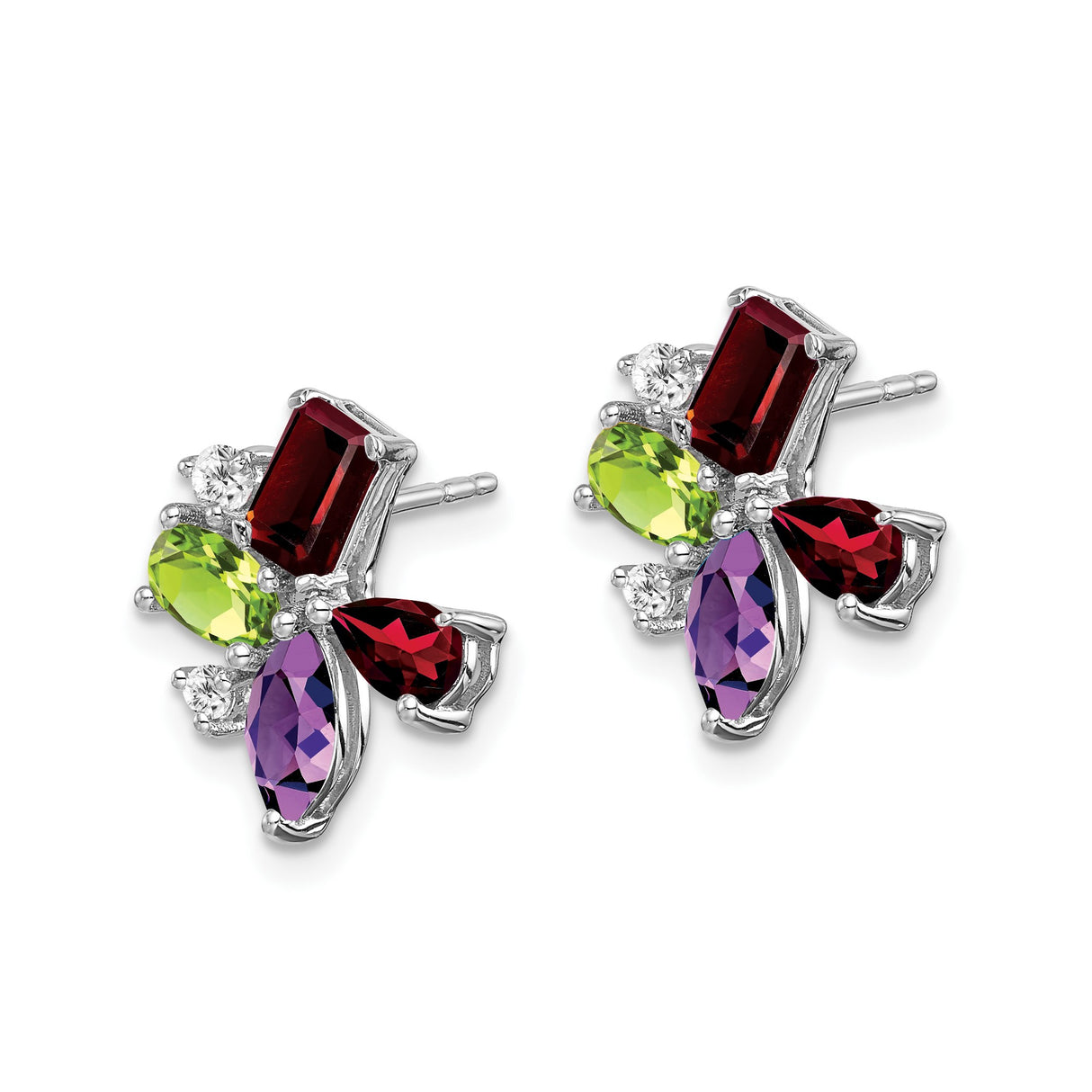 14k White Gold Floral Stud Earrings with Peridot and Garnet Cluster Design