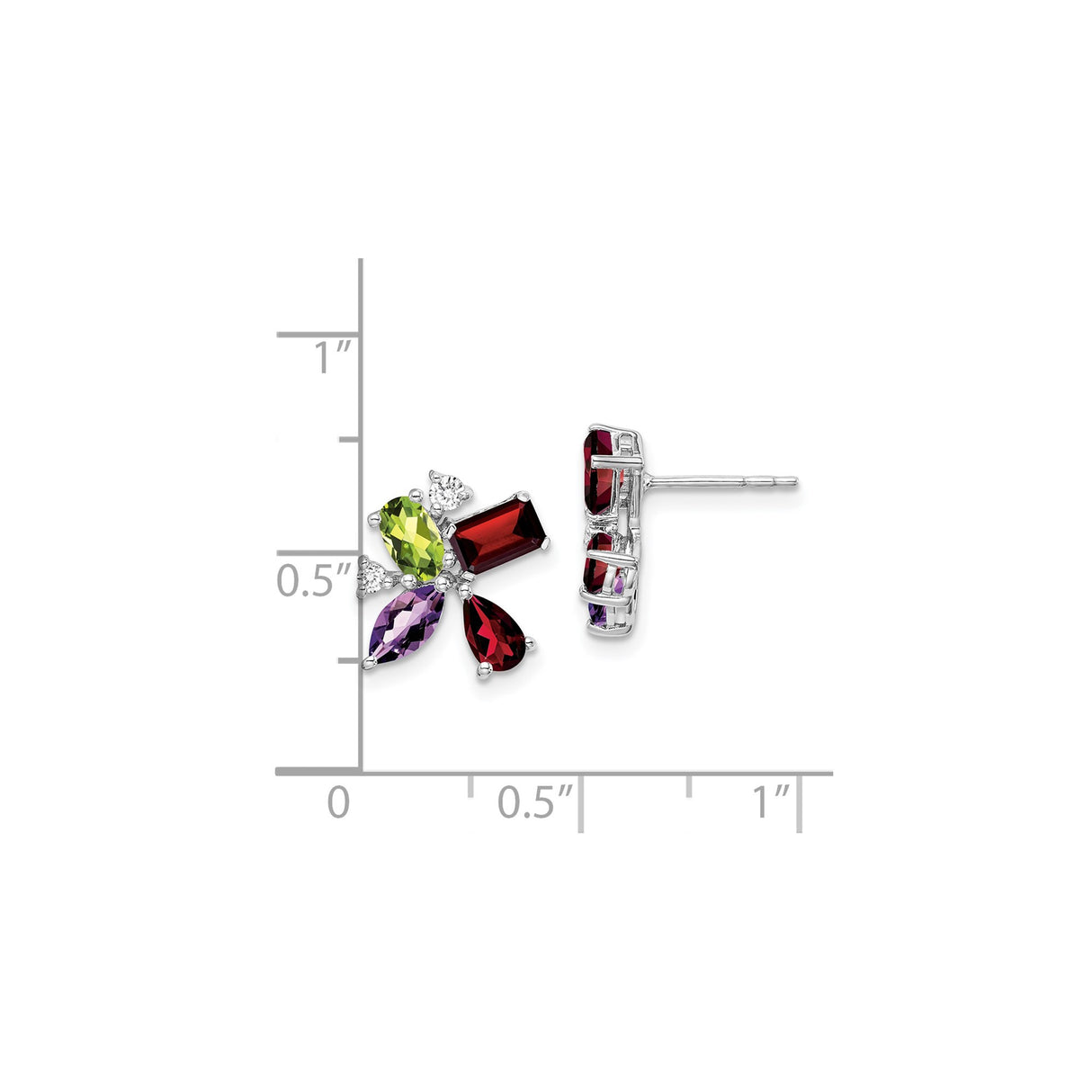 14k White Gold Floral Stud Earrings with Peridot and Garnet Cluster Design
