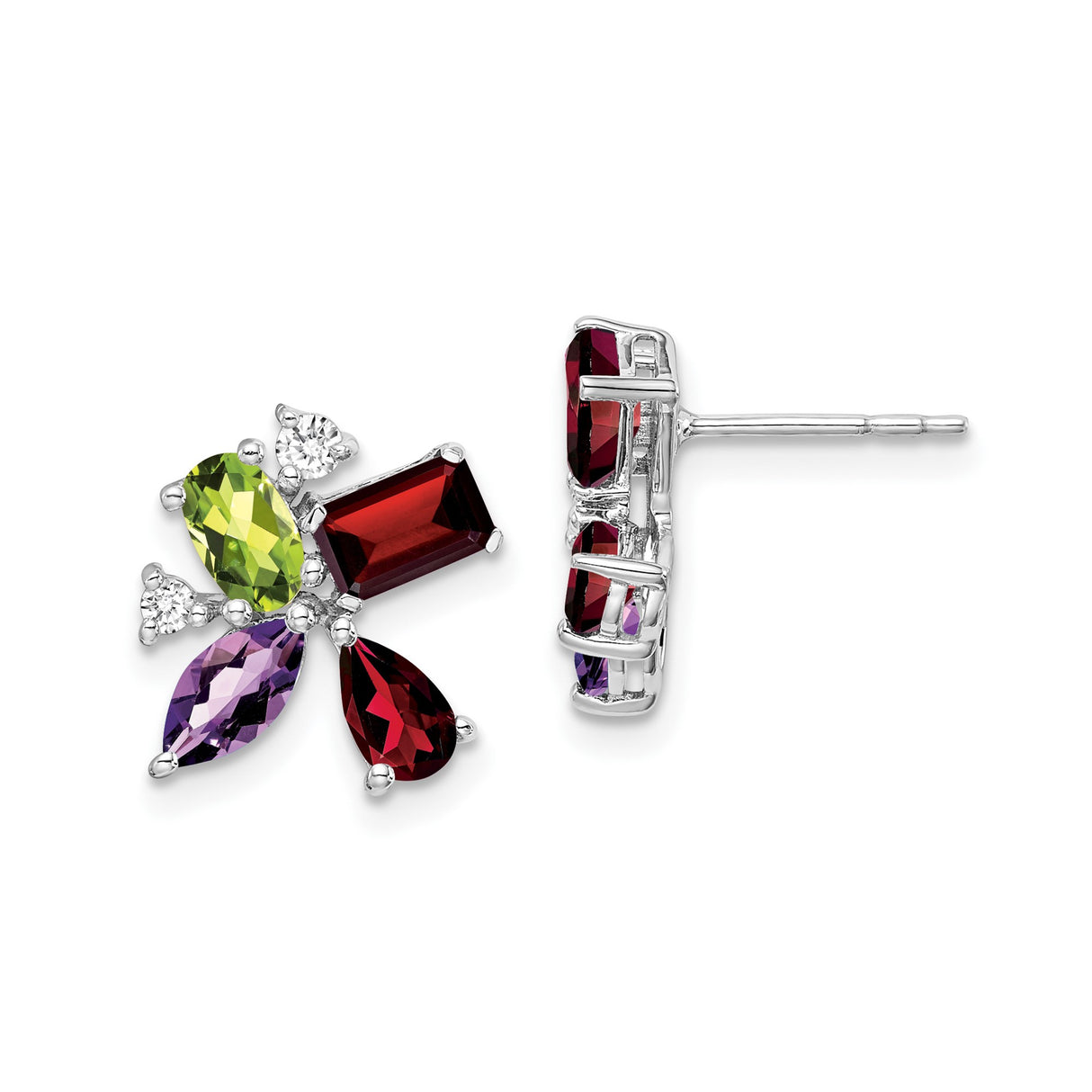 14k White Gold Floral Stud Earrings with Peridot and Garnet Cluster Design