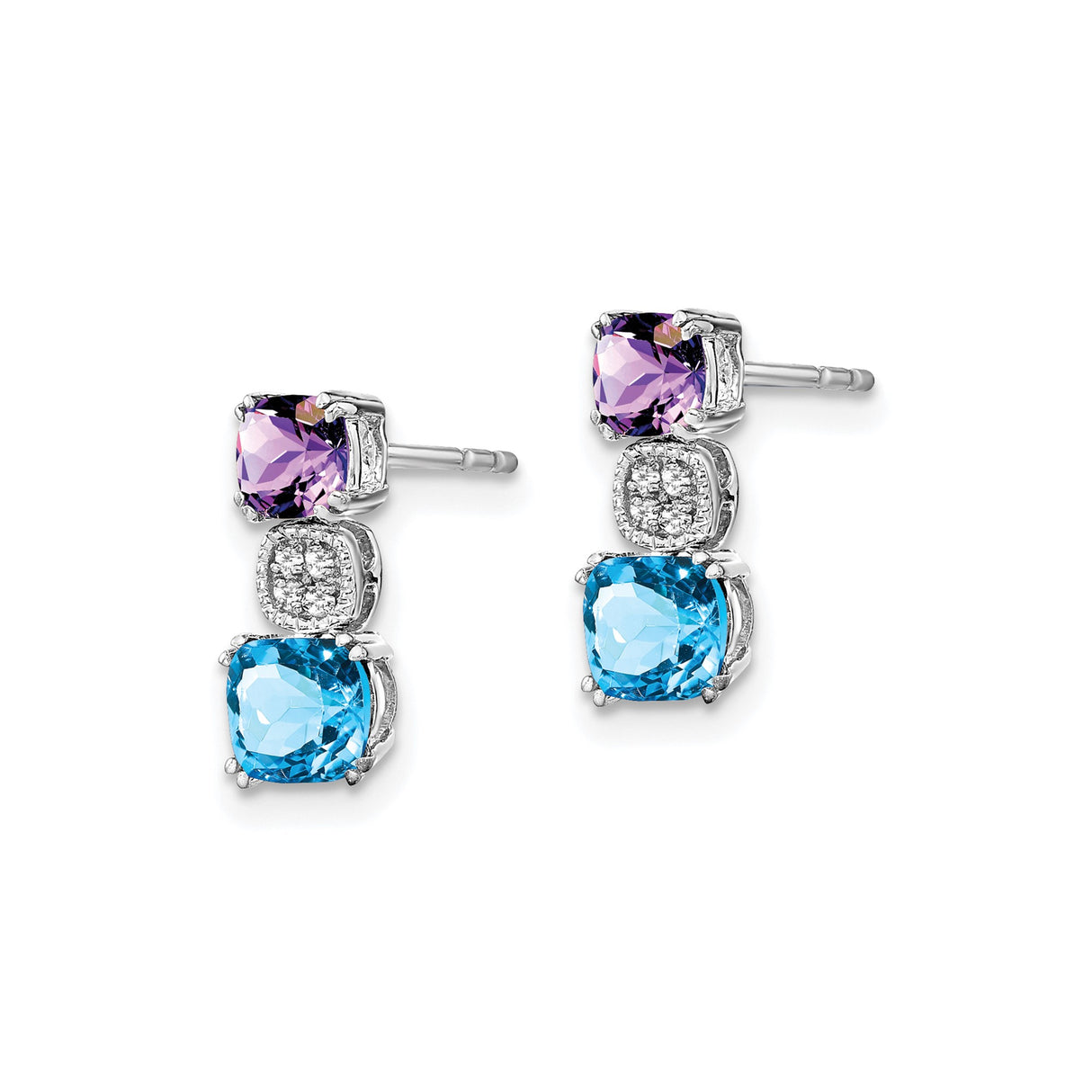 14k White Gold Dangle Earrings with Amethyst, Blue Topaz, Diamond Accents, Formal Jewelry