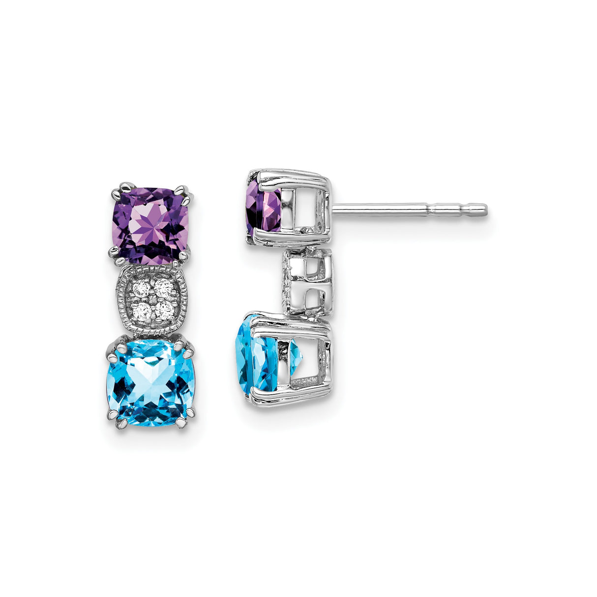 14k White Gold Dangle Earrings with Amethyst, Blue Topaz, Diamond Accents, Formal Jewelry